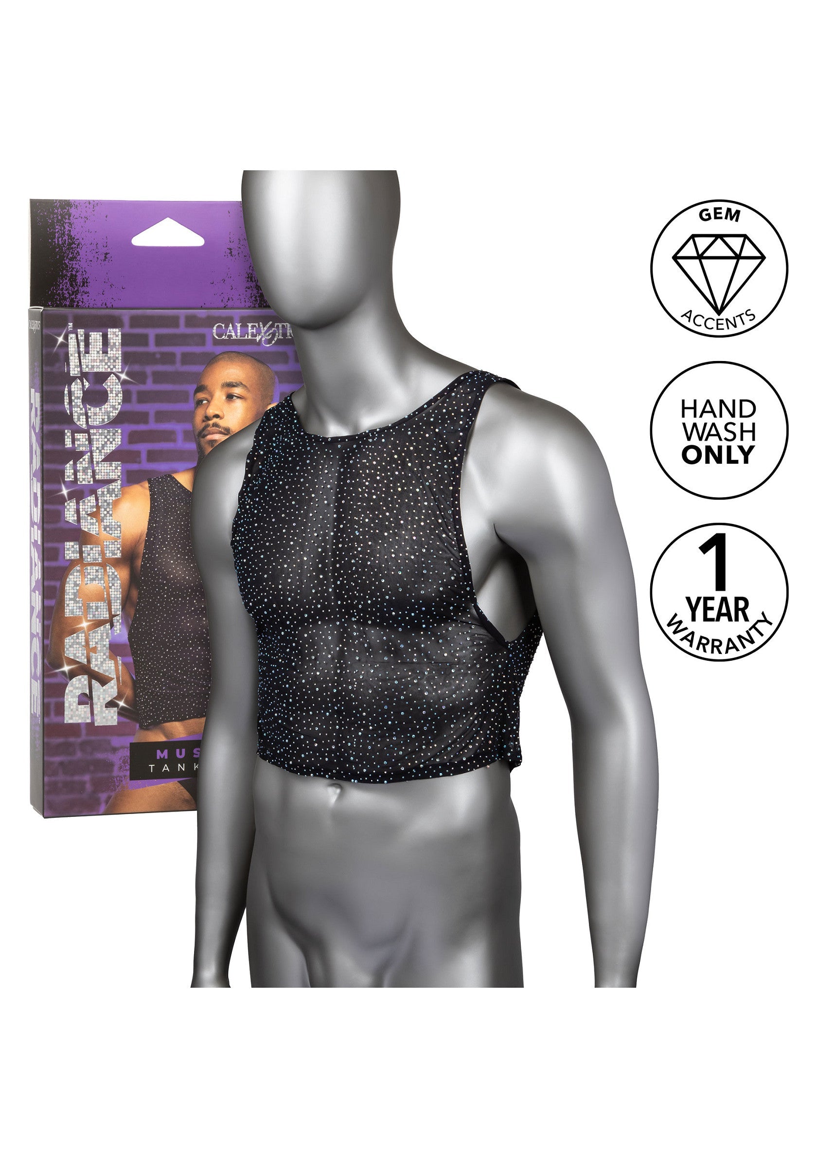 Haut court noir et brillant pour homme. Démarquez-vous avec ce débardeur à maille transparente et détails scintillants.; Zwarte, glinsterende crop top voor mannen. Val op met dit doorschijnende mesh shirt met sprankelende details.; Black sparkly crop top for men. Stand out with this see-through mesh shirt with glittering details.