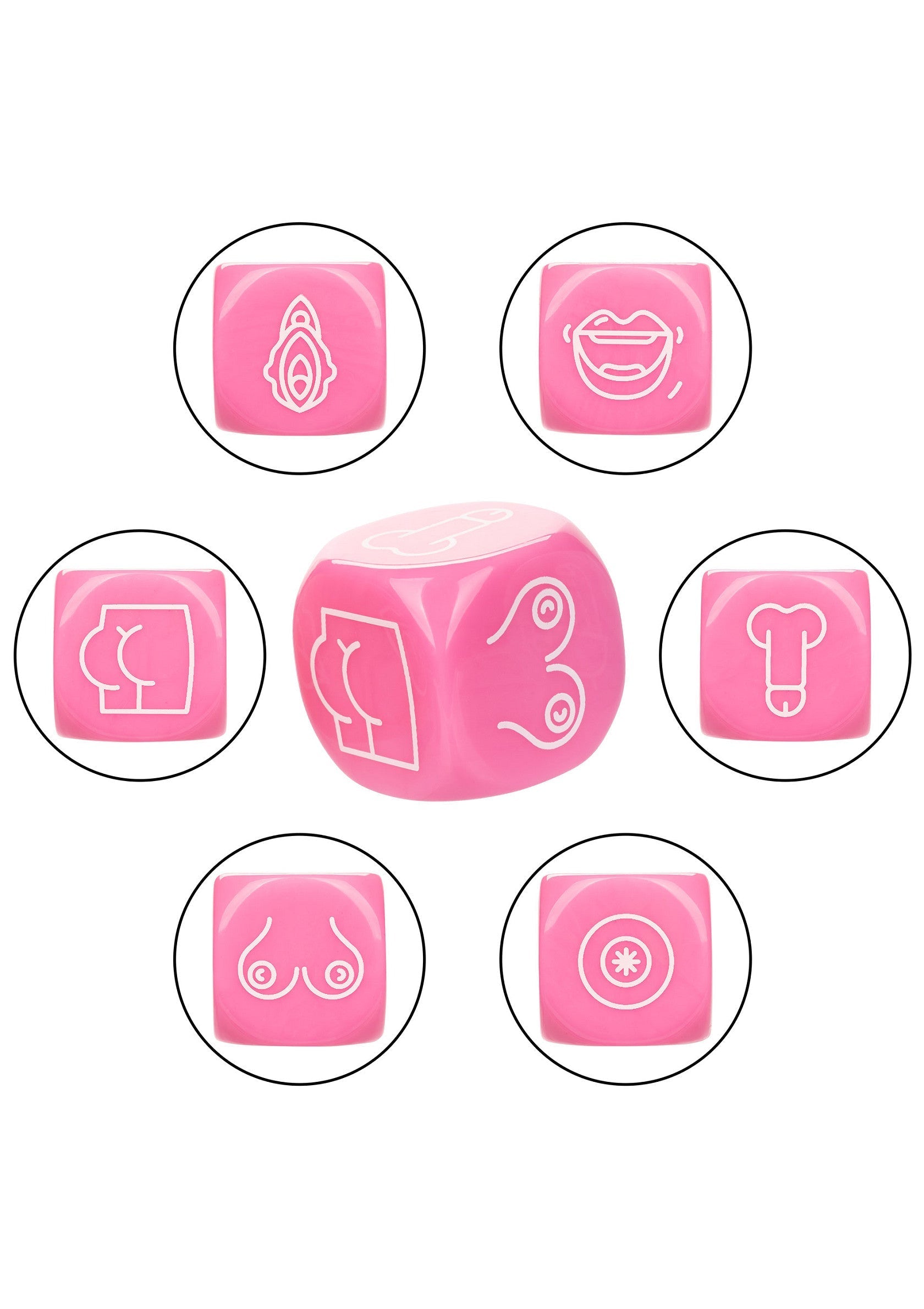 Jeu de dés coquins roses. Pimentez votre vie amoureuse avec ces dés amusants. Jeu érotique.; Roze ondeugende dobbelstenen set. Fleur je liefdesleven op met deze leuke dobbelstenen. Erotisch spel.; Pink naughty dice set. Spice up your love life with these fun dice. Erotic game.