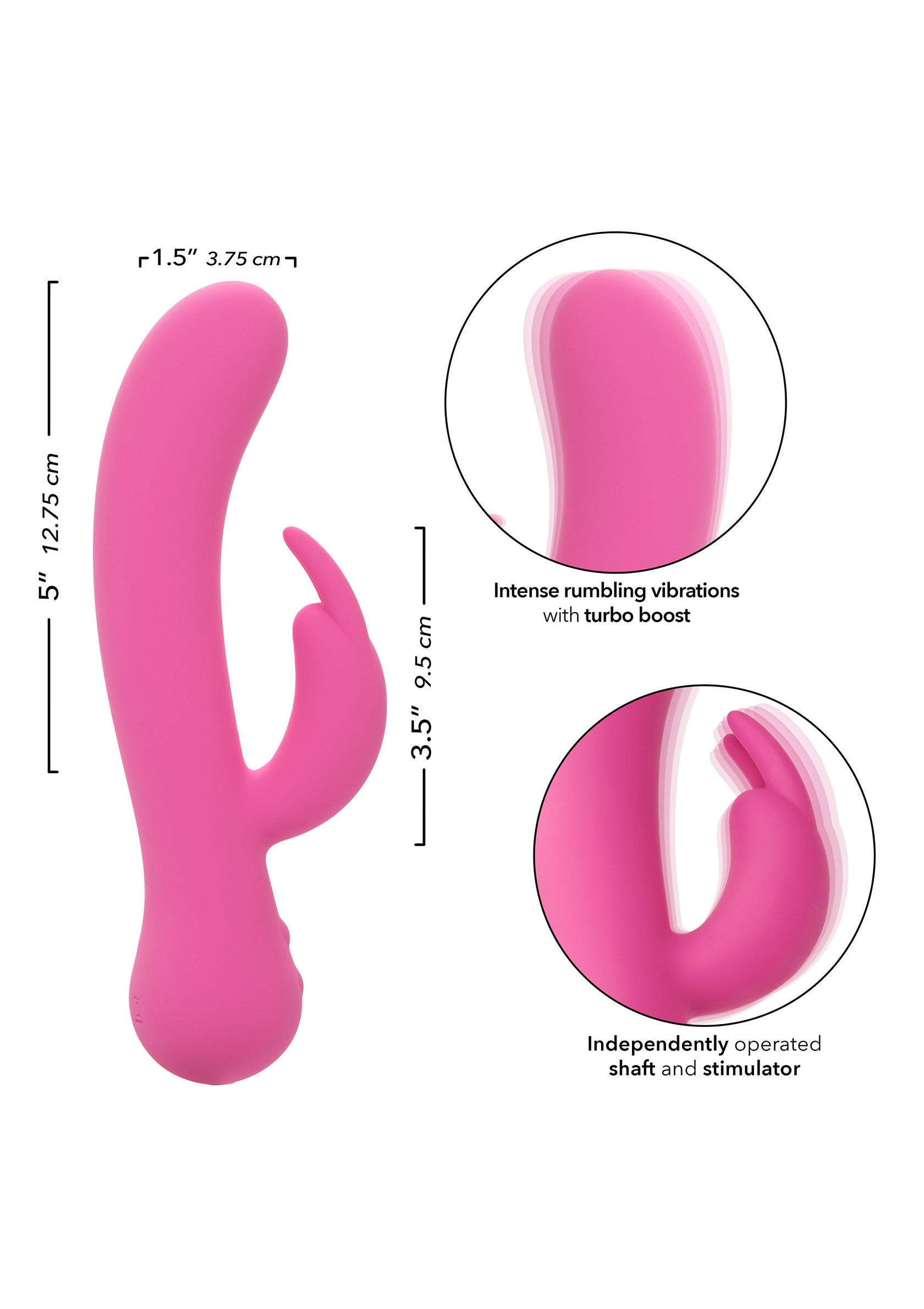 Vibromasseur rose avec vibrations intenses et stimulateur indépendant pour un plaisir intense. ; Roze vibrator met intense trillingen en onafhankelijke stimulator voor intens plezier.; Pink vibrator with intense vibrations and independently operated stimulator for intense pleasure.
