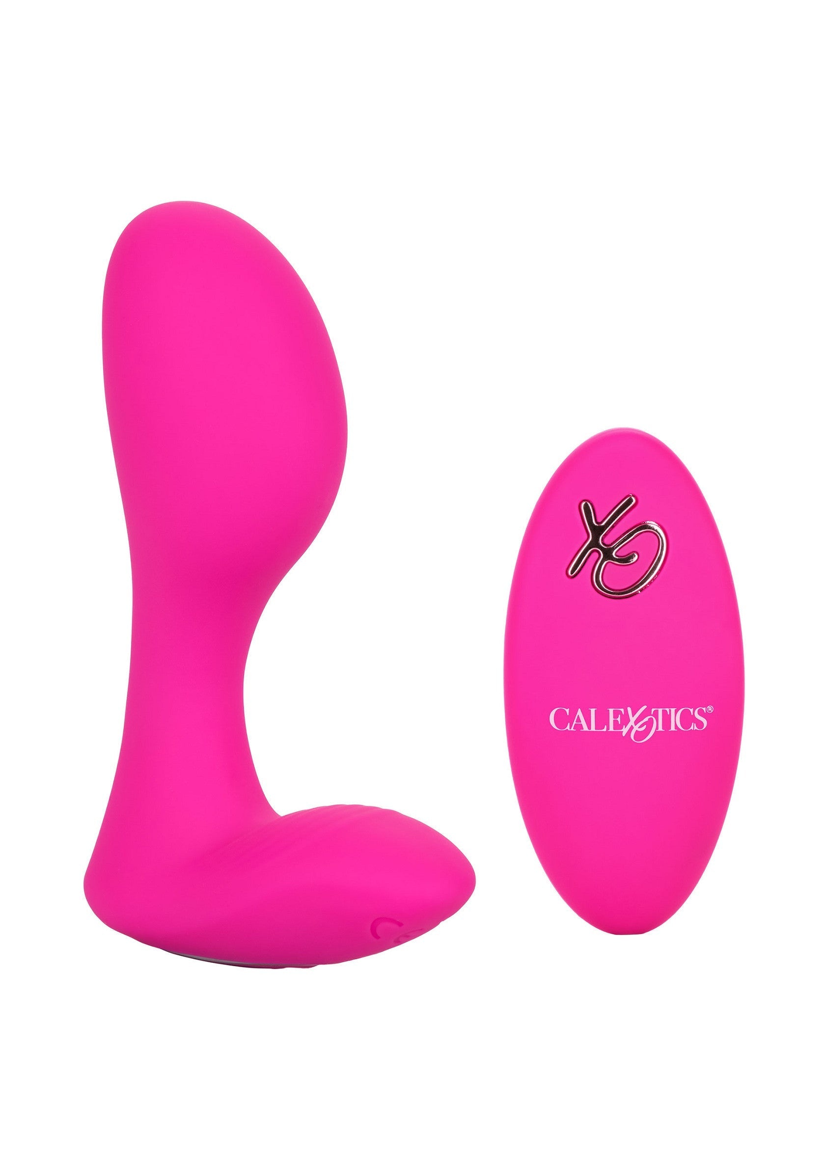 Vibromasseur rose Calexotics avec télécommande pour une stimulation clitoridienne et vaginale intense.; Roze Calexotics vibrator met afstandsbediening voor intense clitorale en vaginale stimulatie.; Pink Calexotics vibrator with remote control for intense clitoral and vaginal stimulation.