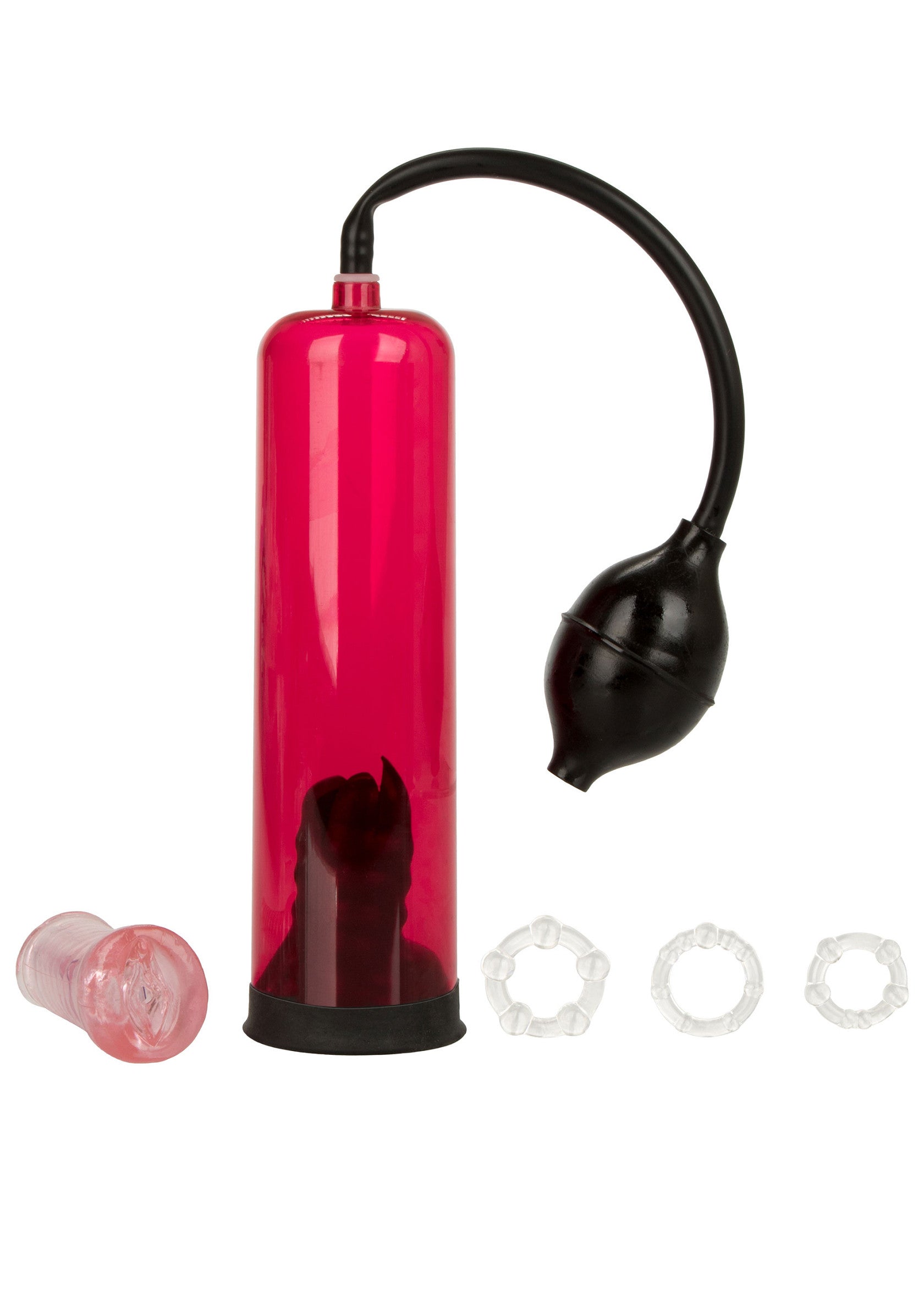 Pompe à pénis rouge avec manchon et anneaux. Améliorez votre plaisir! ; Rode penispomp met sleeve en ringen. Verbeter uw plezier! ; Red penis pump with sleeve and rings. Enhance your pleasure! 