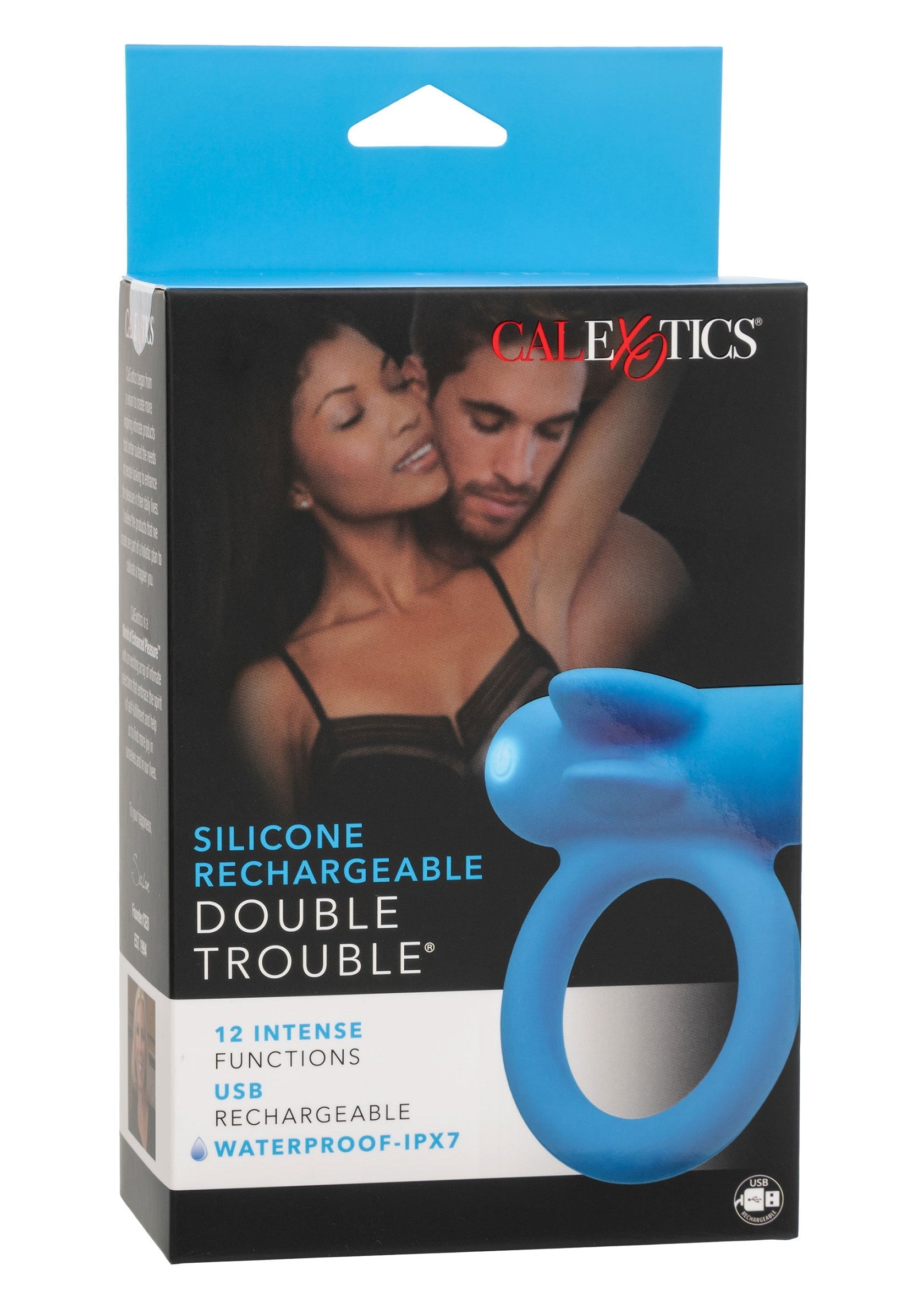 CalExotics Double Trouble : anneau pénien vibrant rechargeable en silicone pour plus de plaisir et de sensations intenses. Étanche.; CalExotics Double Trouble: oplaadbare vibrerende penisring van siliconen voor meer plezier en intense sensaties. Waterdicht.; CalExotics Double Trouble: Rechargeable vibrating silicone cock ring for enhanced pleasure & intense sensations. Waterproof.