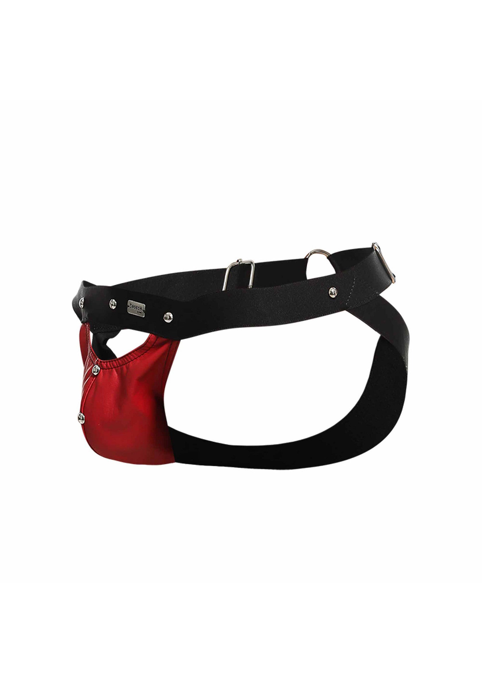 String rouge et noir en cuir synthétique, ajustable, pour hommes. Accessoire fétichiste.; Zwart en rood synthetisch lederen herenstring, verstelbaar. Fetisj accessoire.; Black and red synthetic leather men's jockstrap, adjustable. Fetish accessory.