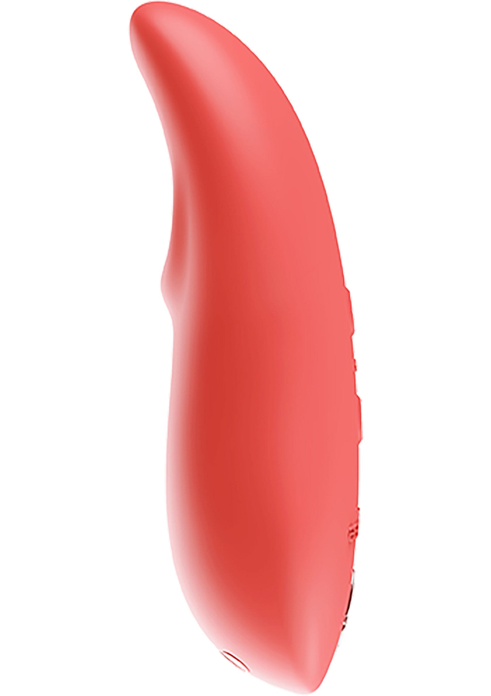 Vibromasseur incurvé corail pour le plaisir personnel, design ergonomique et doux au toucher.; Koraal gekleurde stimulator voor persoonlijk genot, ergonomisch design en zacht aanvoelend.; Coral curved vibrator for personal pleasure, ergonomic design and soft to the touch.
