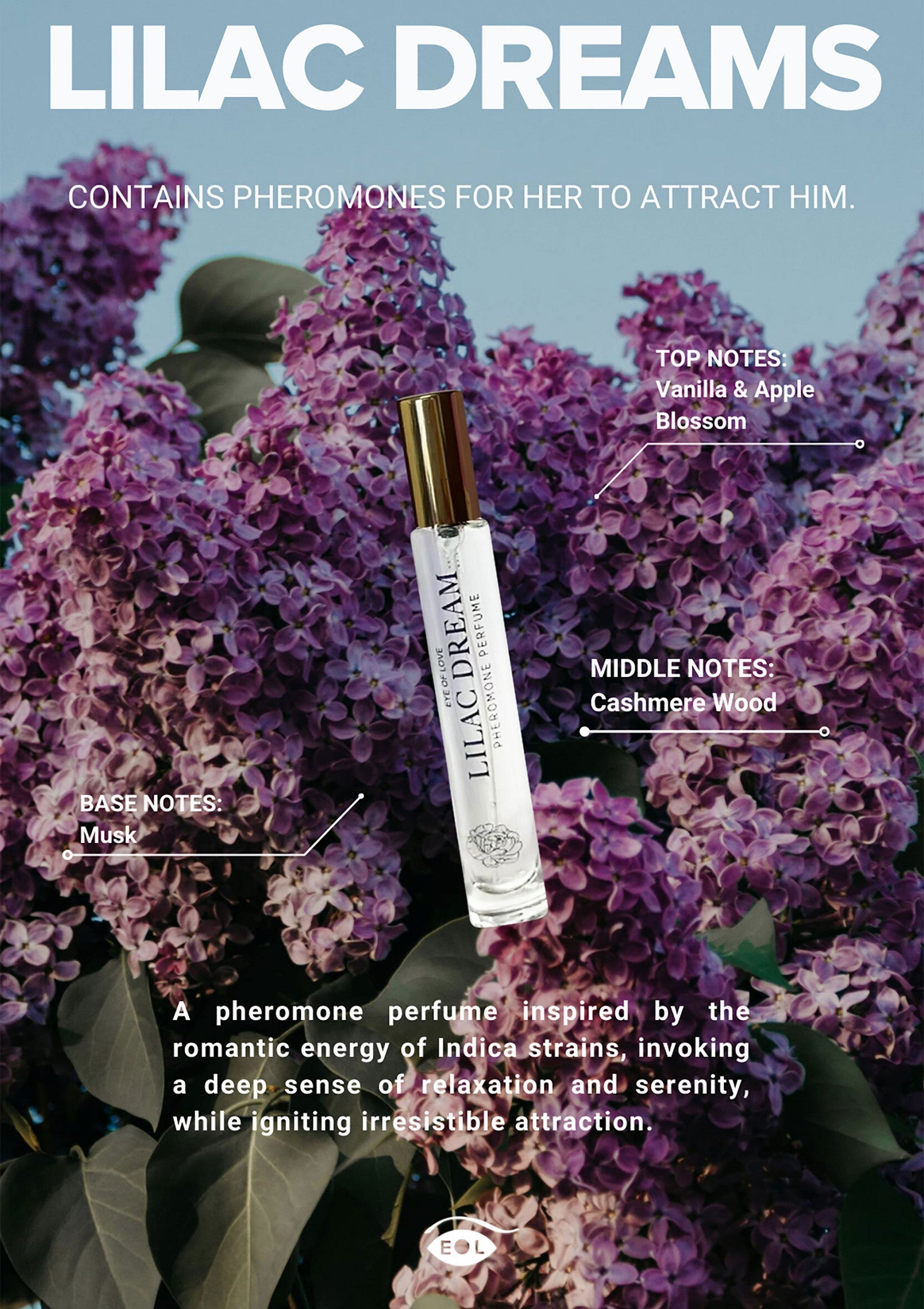 Parfum Lilac Dreams aux phéromones, senteurs vanille, pomme, bois de cachemire et musc. Attirez l'attention avec ce parfum enivrant !; Lilac Dreams parfum met feromonen, geuren van vanille, appel, kasjmierhout en muskus. Trek de aandacht met deze bedwelmende geur!; Lilac Dreams pheromone perfume with vanilla, apple, cashmere wood, and musk scents. Attract attention with this intoxicating fragrance!