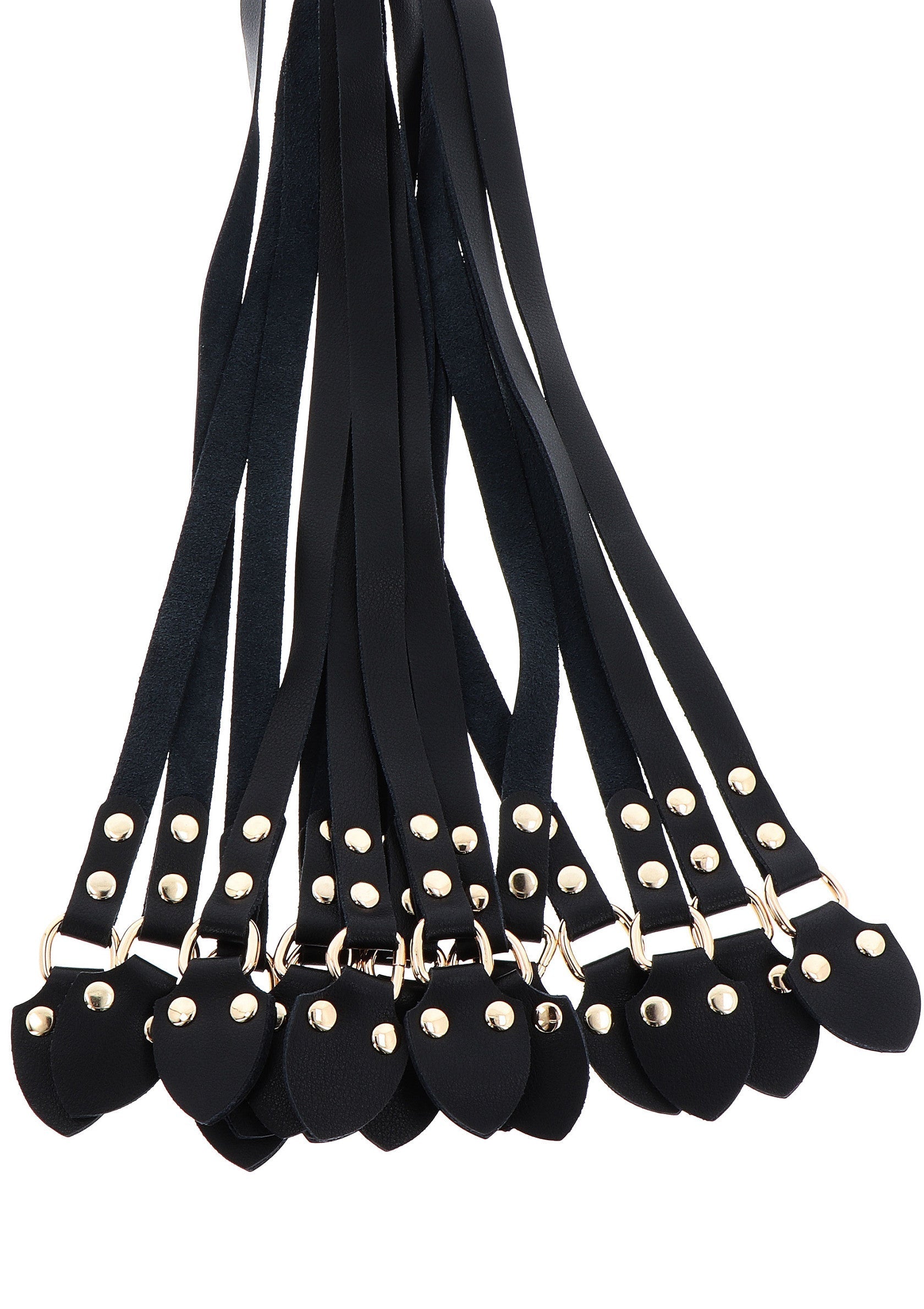 Harnais en cuir noir avec détails dorés pour un look audacieux et élégant. Accessoire de mode tendance et ajustable.; Zwart leren harnas met gouden details voor een stoere en elegante look. Trendy en verstelbaar modeaccessoire.; Black leather harness with gold details for a bold, stylish look. Trendy & adjustable fashion accessory.