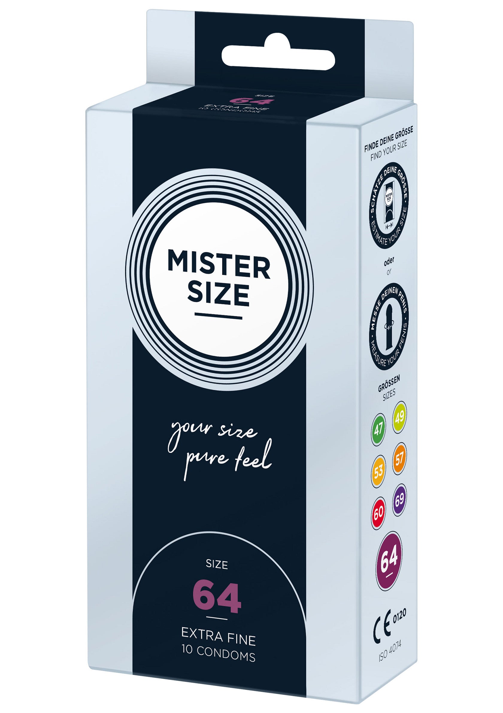 Préservatifs Mister Size 64 : extra fins, 10 unités. Trouvez votre taille idéale pour un confort maximal. ; Mister Size 64 condooms: extra fijn, 10 stuks. Vind uw ideale maat voor maximaal comfort en veiligheid.; Mister Size 64 condoms: extra fine, 10 count. Find your perfect fit for maximum comfort and protection.