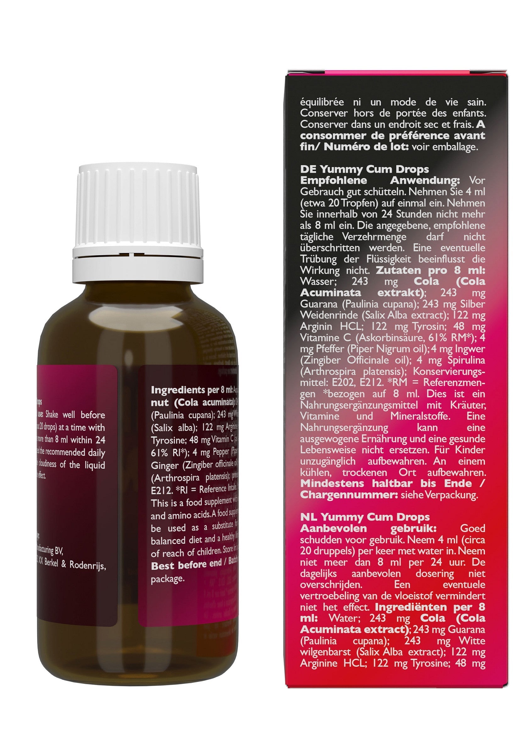 Yummy Cum Drops - Complément alimentaire énergisant. Ingrédients naturels pour un coup de boost. Voir l'emballage pour plus d'infos.; Yummy Cum Drops - Energiegevend voedingssupplement. Natuurlijke ingrediënten voor een boost. Zie verpakking voor meer info.; Yummy Cum Drops - Energy supplement. Natural ingredients for a boost. See the package for more information.
