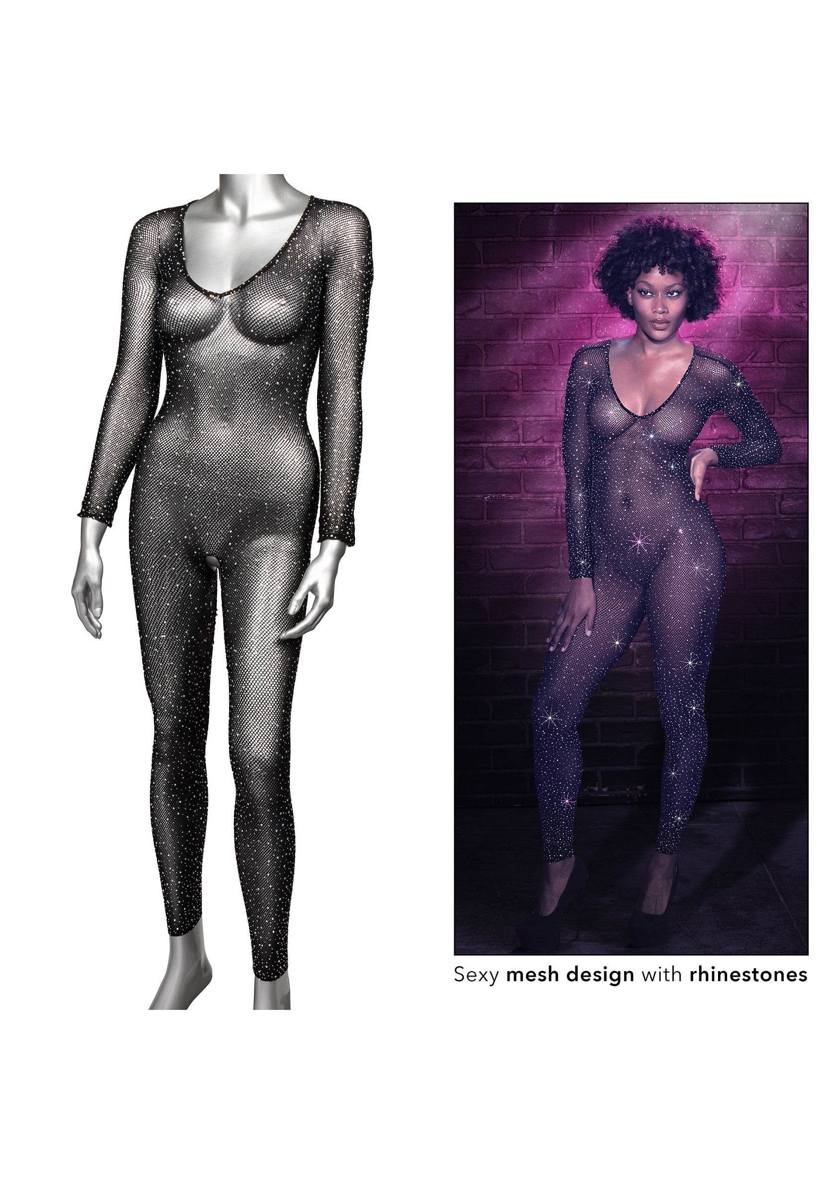 Combinaison résille sexy ornée de strass étincelants. Design audacieux et accrocheur pour une allure glamour.; Sexy mesh jumpsuit met strass steentjes. Een gedurfde en opvallende look voor een glamoureuze uitstraling.; Sexy mesh jumpsuit with rhinestones. A bold and eye-catching design for a glamorous look.