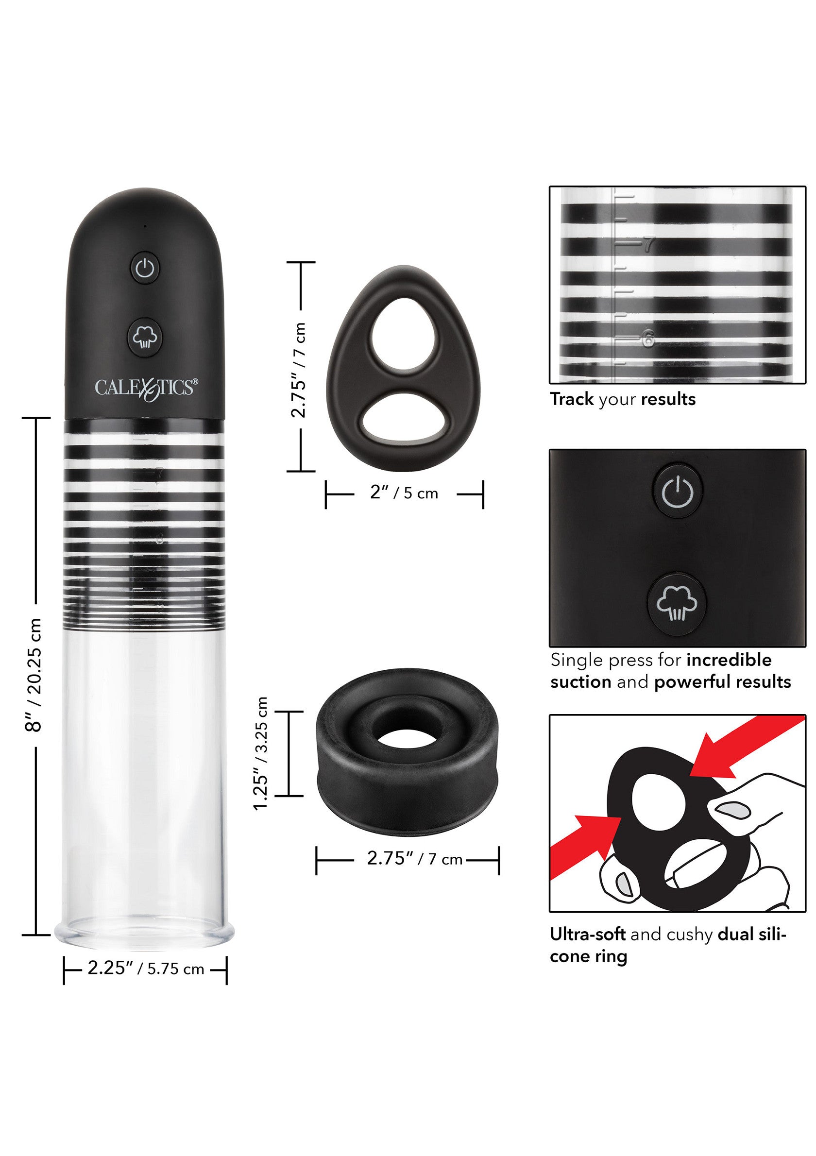 Kit de pompe à pénis Calexotics pour hommes avec anneaux de pénis en silicone doux.; Calexotics penis pomp kit voor mannen met zachte siliconen penisringen.; Calexotics penis pump kit for men with soft silicone cock rings.