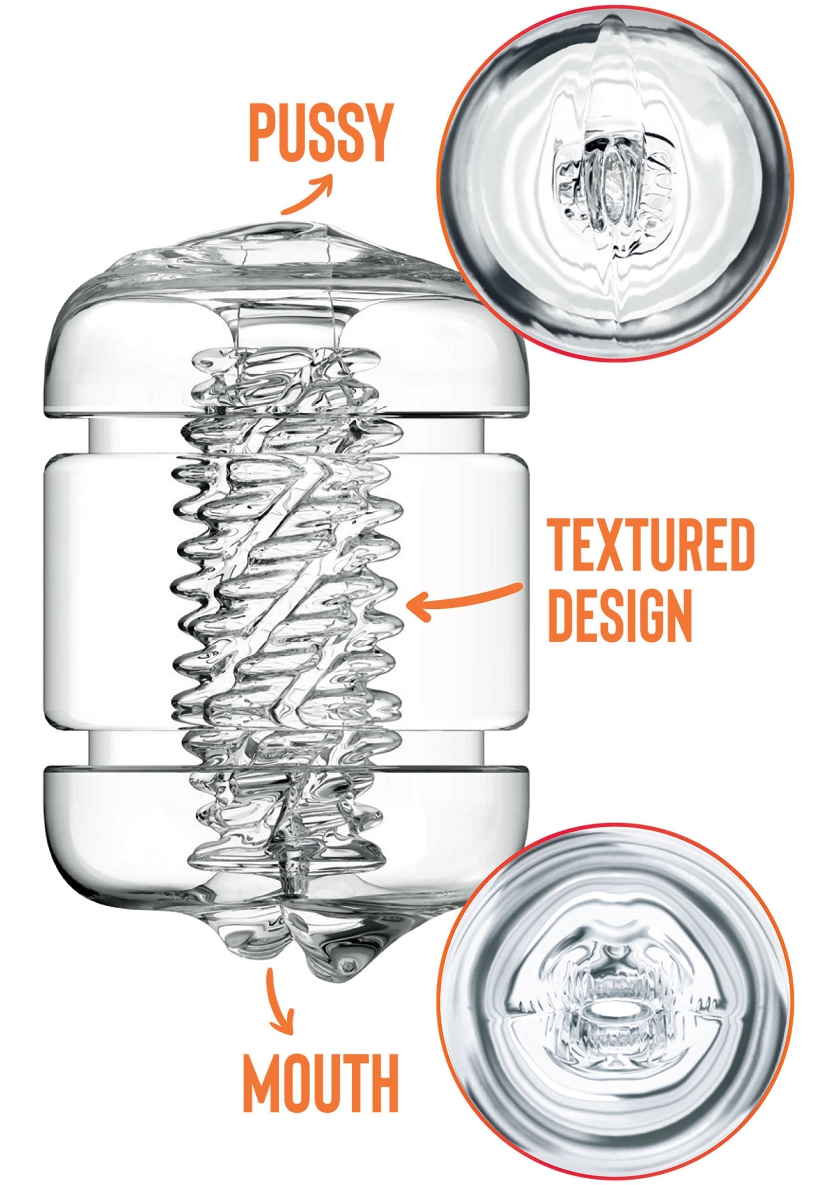 Manchon masturbatoire transparent avec conception texturée pour le plaisir ultime.; Transparante masturbatie sleeve met getextureerd design voor ultiem genot.; Transparent masturbation sleeve with textured design for ultimate pleasure.