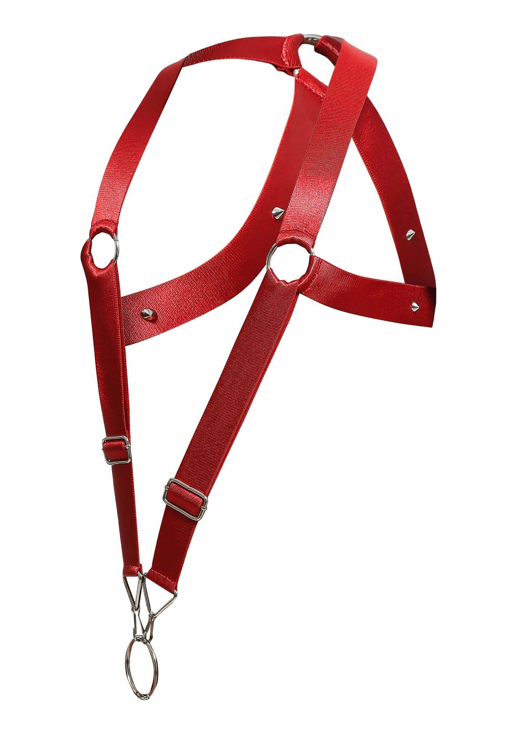 Harnais rouge vif en simili cuir avec anneaux métalliques pour un look audacieux.; Felrood harnas van imitatieleer met metalen ringen voor een gedurfde look.; Bright red faux leather harness with metal rings for a daring look.