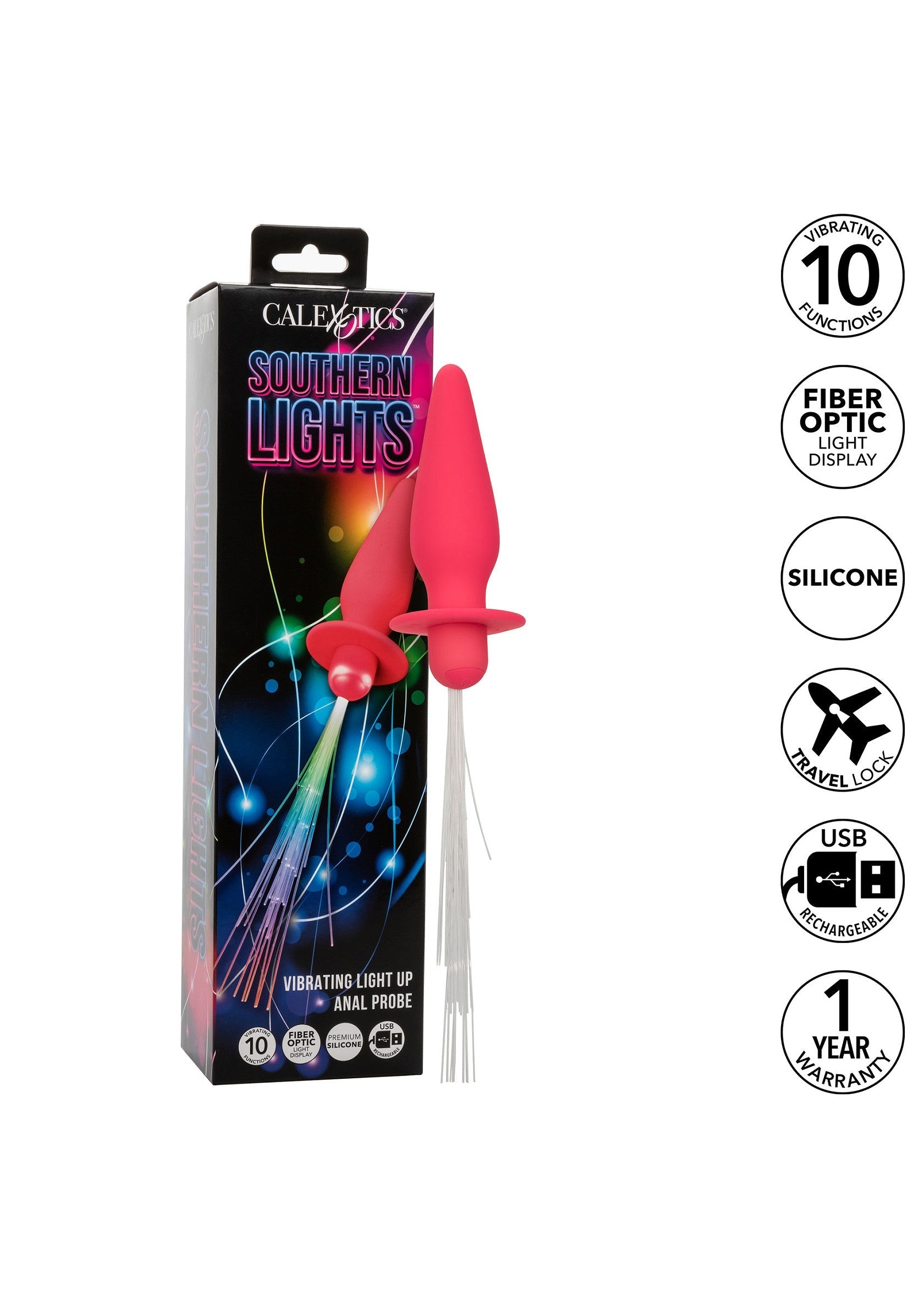 Plug anal vibrant Southern Lights de CalExotics. 10 fonctions, fibre optique, silicone, rechargeable USB.; CalExotics Southern Lights vibrerende anaalplug. 10 functies, fiberoptiek, siliconen, USB oplaadbaar.; CalExotics Southern Lights vibrating anal plug. 10 functions, fiber optic, silicone, USB rechargeable.