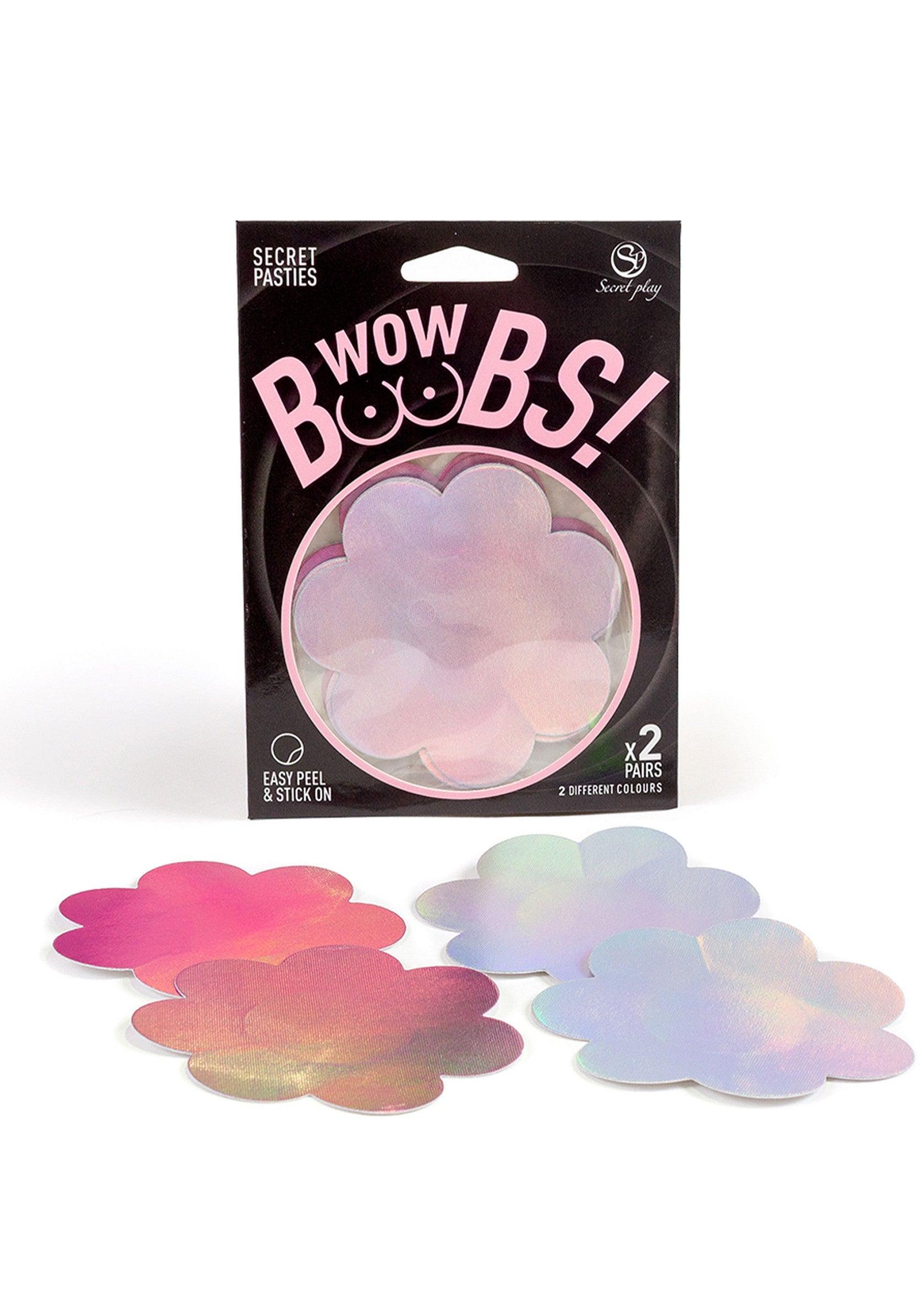 Cache-tétons Secret Play Wow Boobs en forme de nuage. Paire de cache-tétons autocollants à paillettes arc-en-ciel.; Secret Play Wow Boobs tepelbedekkers in de vorm van een wolk. Paar regenboog glitter zelfklevende tepelbedekkers.; Secret Play Wow Boobs nipple covers in the shape of a cloud. Pair of rainbow glitter self-adhesive nipple covers.