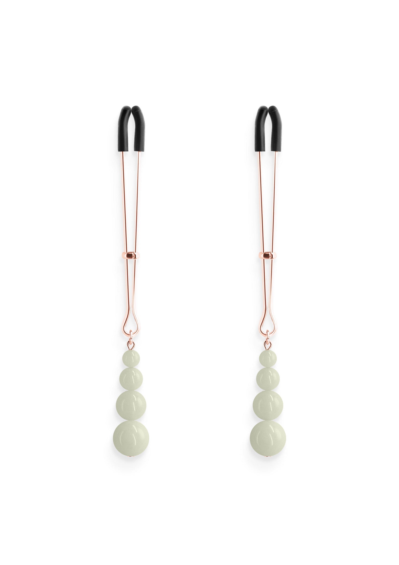 Pinces à tétons avec des perles en pierre naturelle pour une sensualité accrue.; Tepelklemmen met natuurstenen kralen voor verhoogde sensualiteit.; Nipple clamps with natural stone beads for enhanced sensuality.