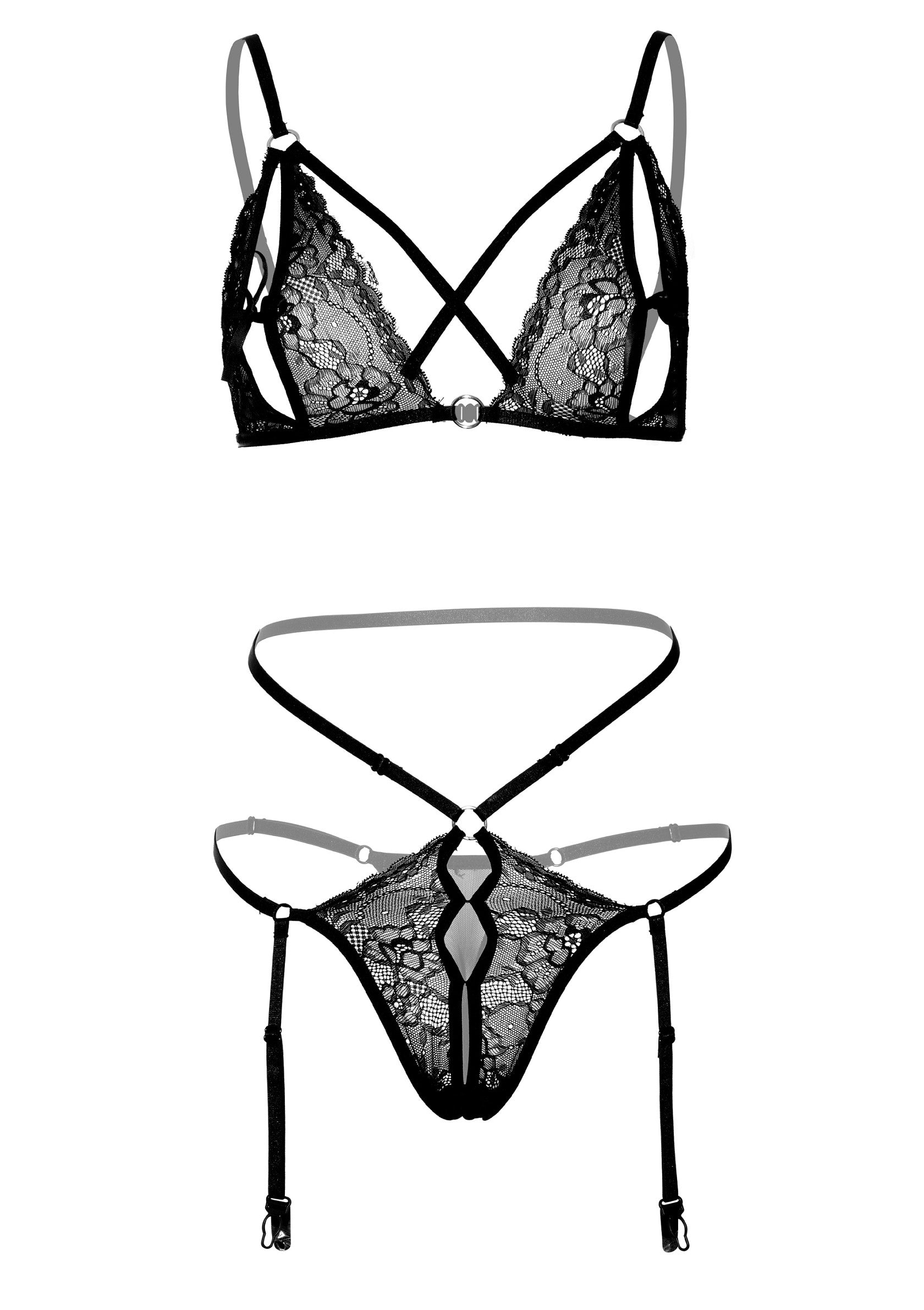 Ensemble de lingerie noire en dentelle florale, soutien-gorge et string jarretelle sexy.; Zwarte kanten lingerie set, bloemmotief, sexy beha en string jarretel.; Black floral lace lingerie set, sexy bra and string garter.