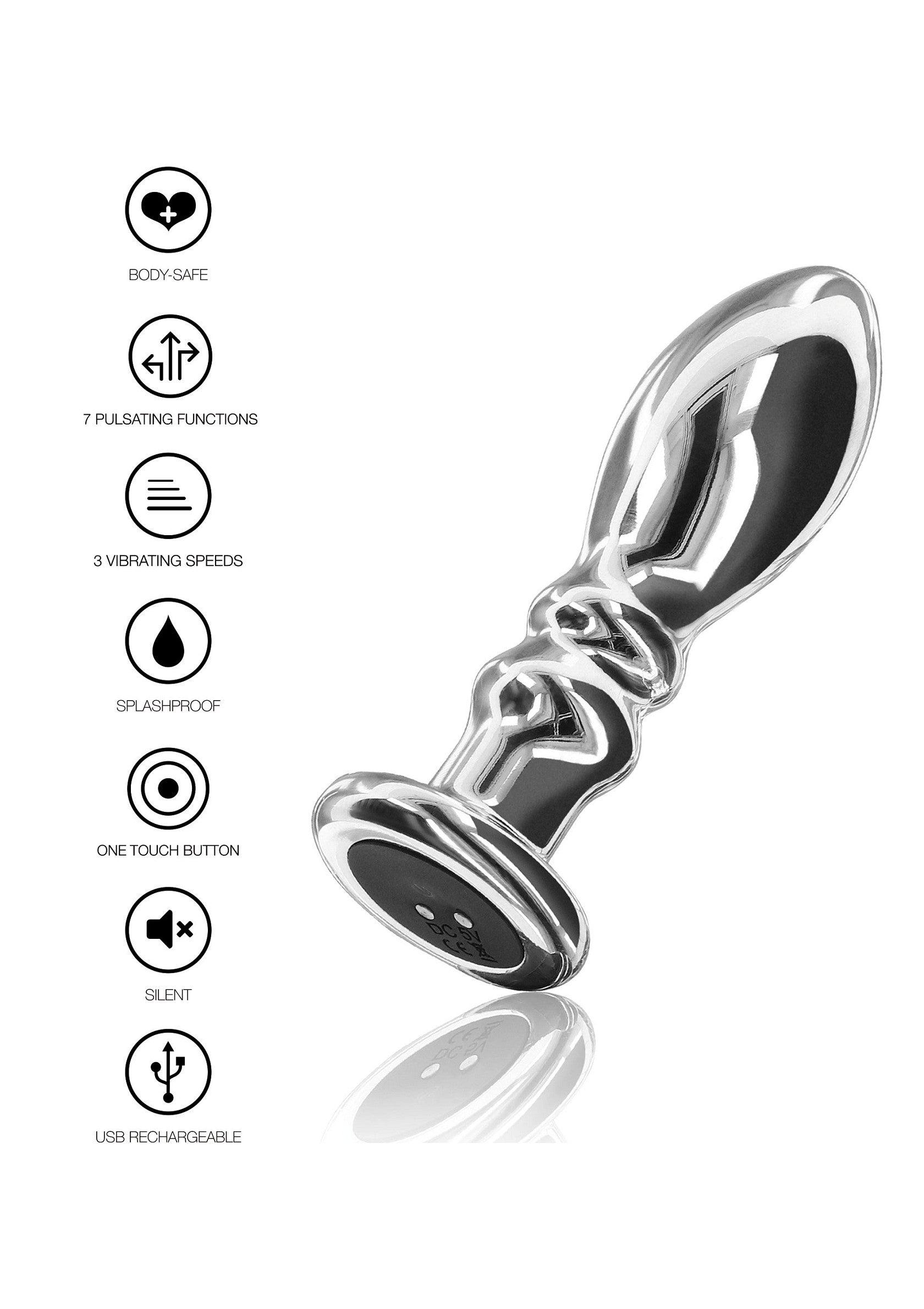 Plug anal vibrant argenté. 7 modes, étanche, rechargeable USB et silencieux pour une discrétion maximale.; Zilveren vibrerende anale plug. 7 standen, waterdicht, USB-oplaadbaar en stil voor maximale discretie.; Silver vibrating anal plug. 7 modes, splashproof, USB rechargeable, and silent for maximum discretion.