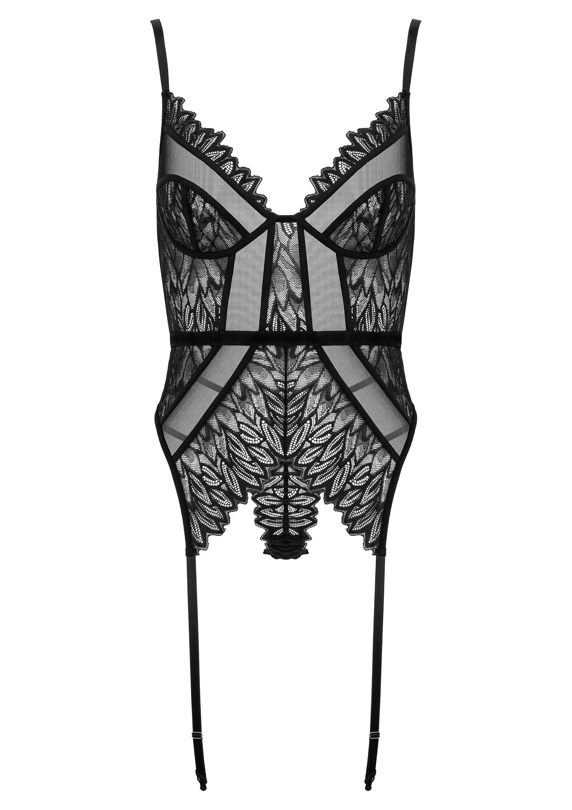 Nuisette en dentelle noire avec jarretières, pour une allure élégante et séduisante.; Zwarte kanten babydoll met jarretels voor een elegante en verleidelijke look.; Black lace babydoll with suspenders for an elegant and seductive look.