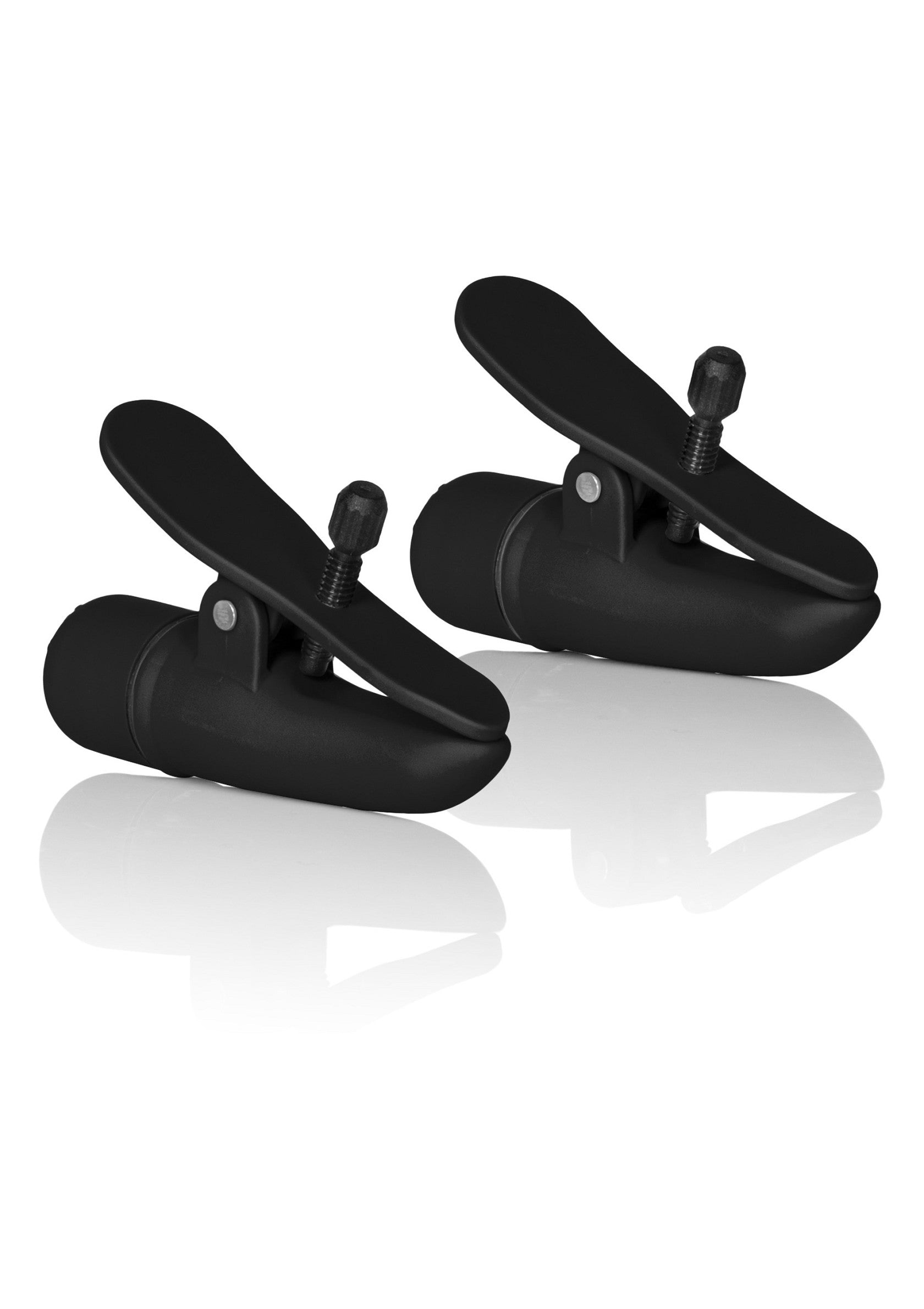 Pinces à tétons noires réglables pour une stimulation intense.; Verstelbare, zwarte tepelklemmen voor intense stimulatie.; Adjustable black nipple clamps for intense stimulation.