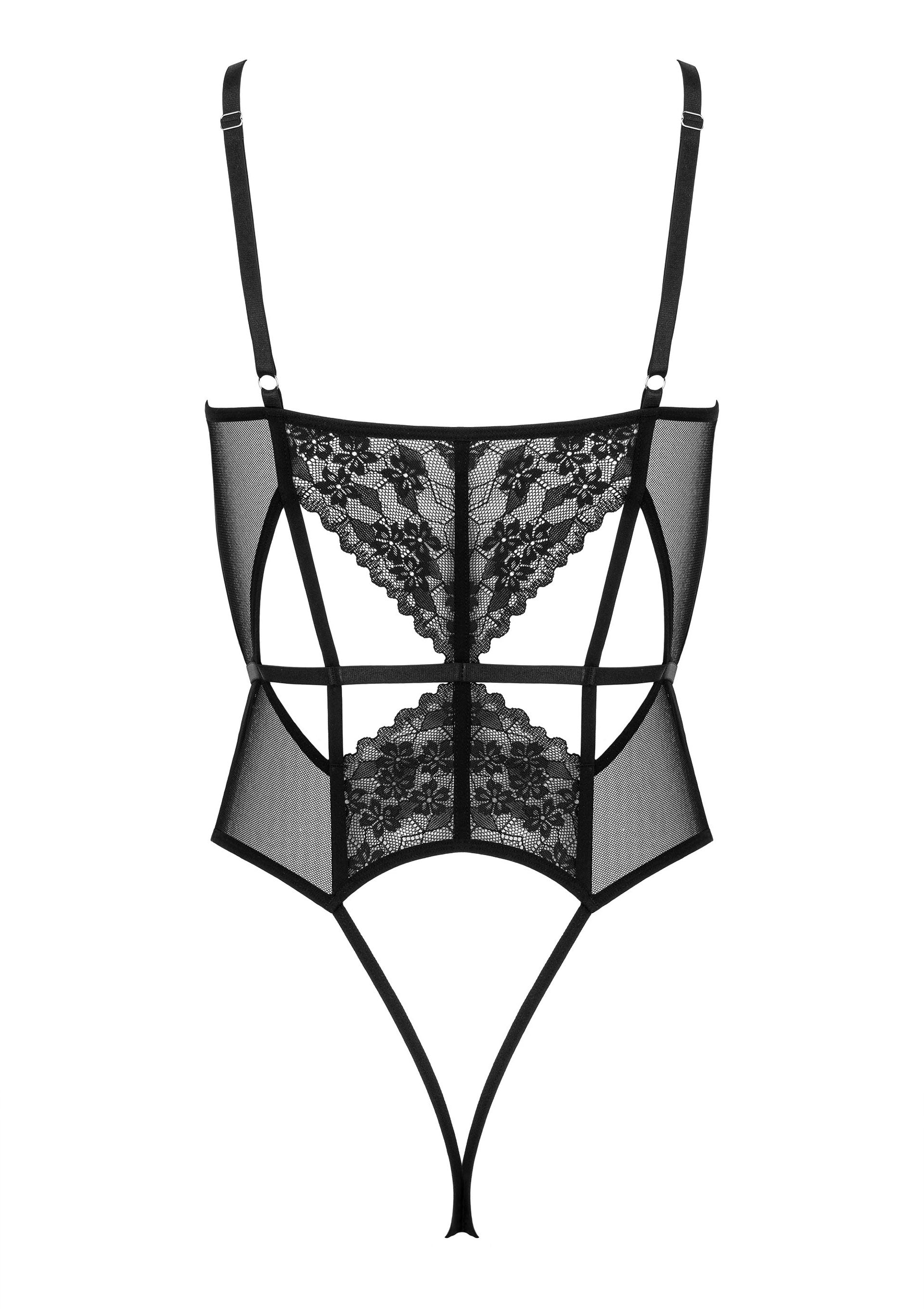 Body noir en dentelle transparente. Lingerie séduisante pour une soirée spéciale.; Zwarte body van doorschijnend kant. Verleidelijke lingerie voor een speciale avond.; Black sheer lace bodysuit. Seductive lingerie for a special night.