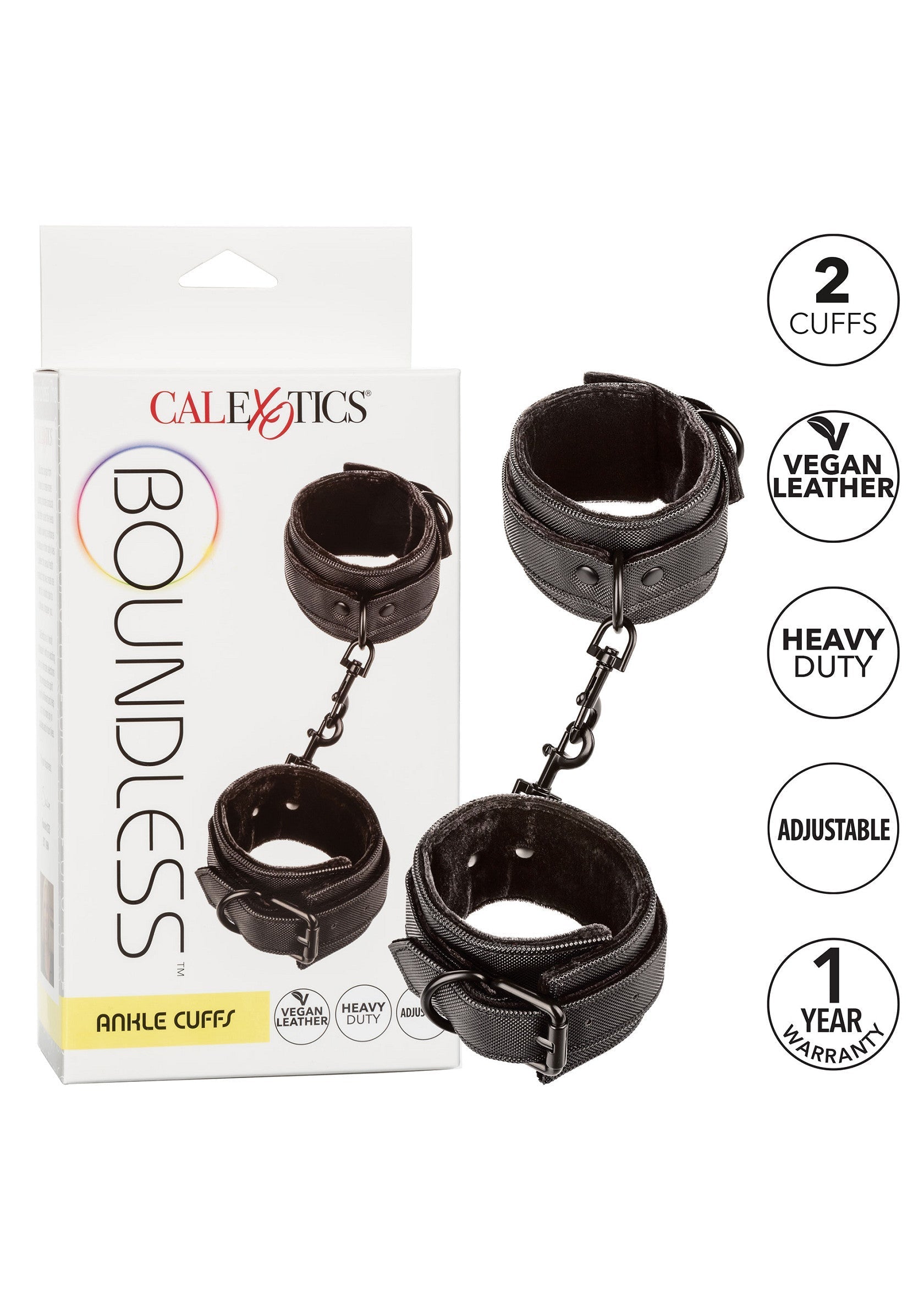 Menottes de cheville Calexotics Boundless en cuir vegan, réglables et résistantes. Jeu coquin garanti!; Calexotics Boundless vegan lederen enkelboeien, verstelbaar en heavy duty. Gegarandeerd stout spel!; Calexotics Boundless vegan leather ankle cuffs, adjustable & heavy duty. Guaranteed naughty play!