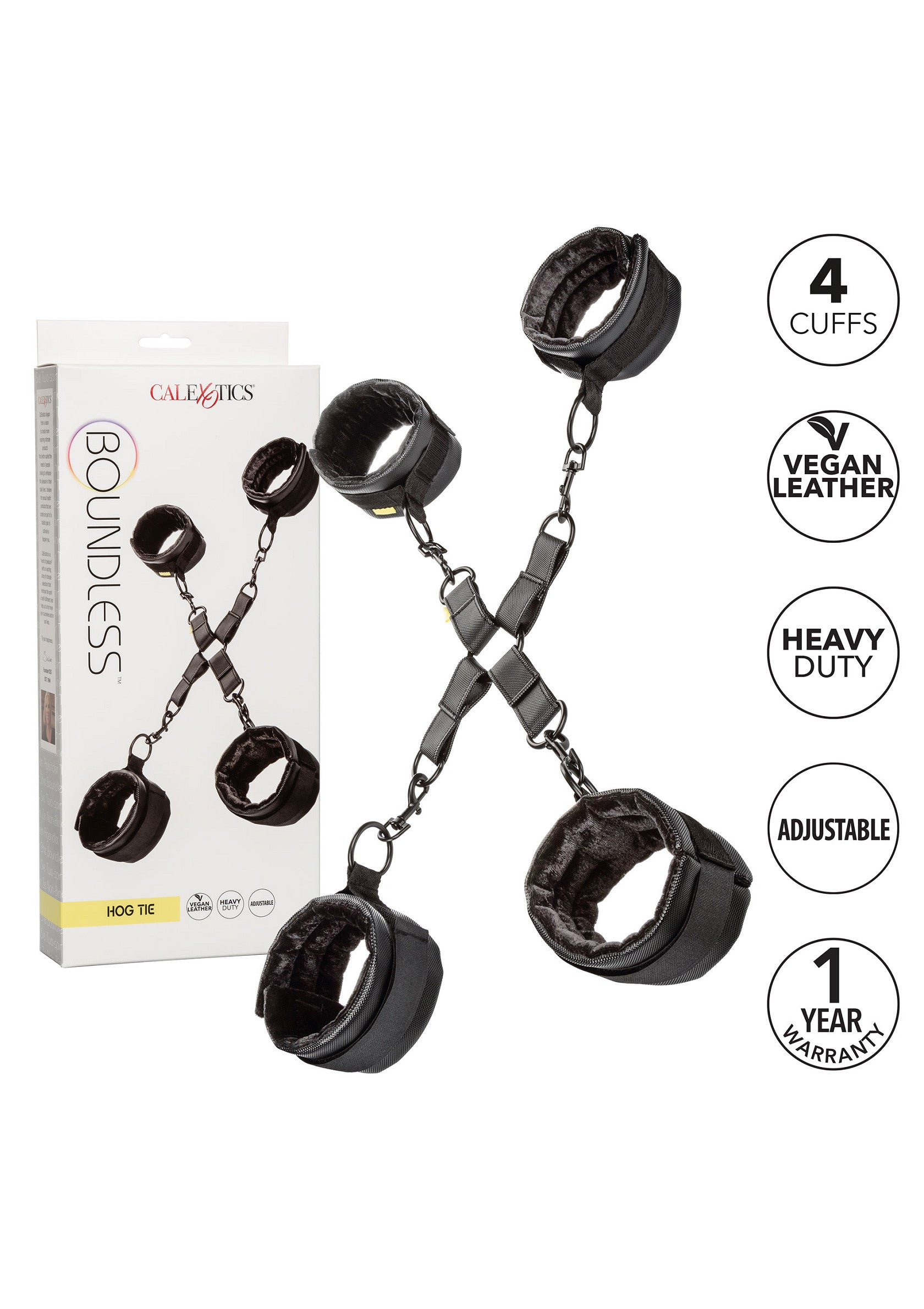 Menottes en cuir végan avec 4 manchettes réglables, robustes et confortables.; Vegan lederen handboeien met 4 verstelbare manchetten, zwaar uitgevoerd en comfortabel.; Vegan leather hogtie with 4 adjustable cuffs, heavy-duty and comfortable.