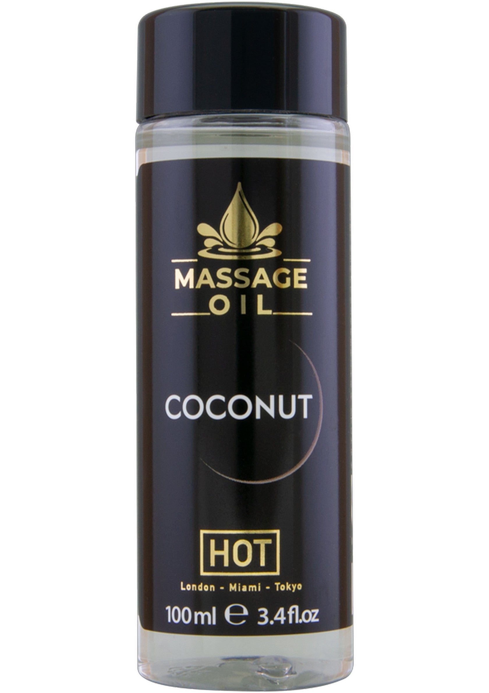 Huile de massage coco chauffante, 100ml pour une relaxation intense et parfumée.; Verwarmende kokos massage olie, 100ml voor intense en geurige ontspanning.; Hot coconut massage oil, 100ml for intense, scented relaxation. 