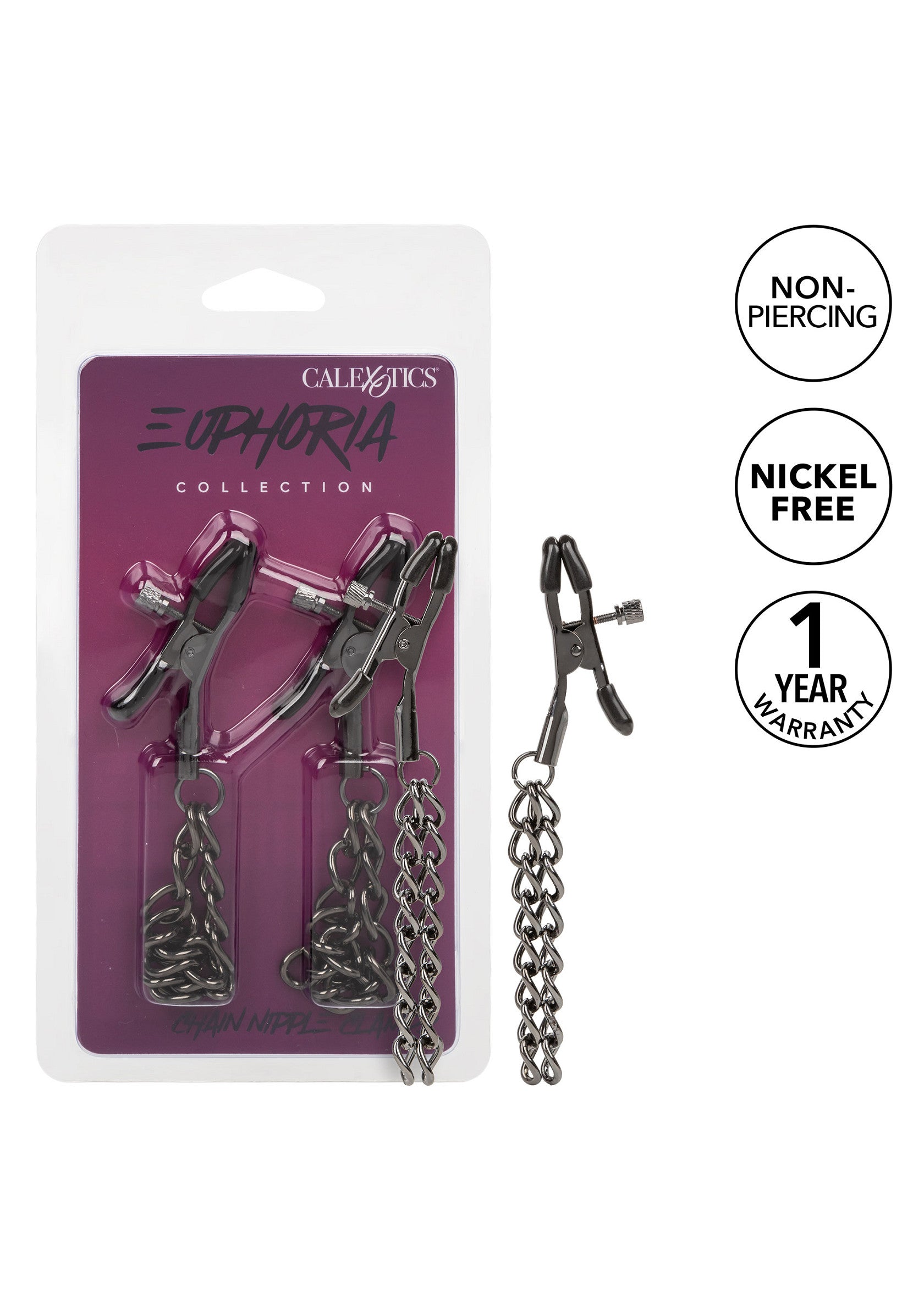 Pinces à tétons Calexotics Euphoria Collection non perçantes et sans nickel avec chaîne.; Calexotics Euphoria Collection niet-piercende, nikkelvrije tepelklemmen met ketting.; Calexotics Euphoria Collection non-piercing, nickel-free nipple clamps with chain.