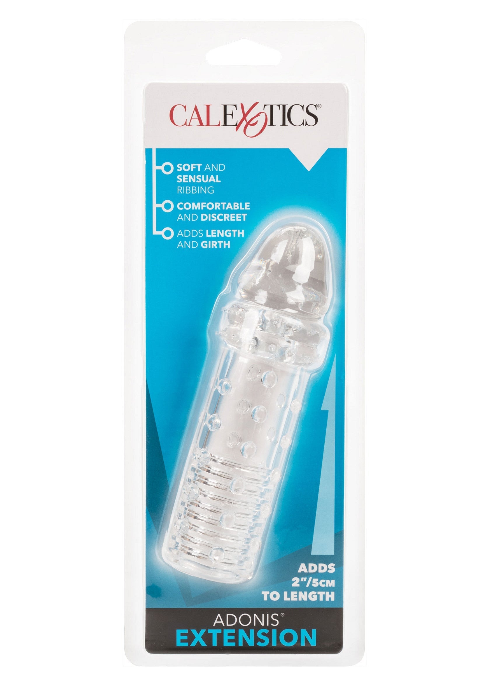 Extension pénienne CalExotics Adonis : nervures douces, confortable et discrète. Ajoute longueur et circonférence.; CalExotics Adonis penisverlenger: zachte ribbels, comfortabel en discreet. Voegt lengte en omtrek toe.; CalExotics Adonis penis extender: soft ribbing, comfortable, and discreet. Adds length and girth.