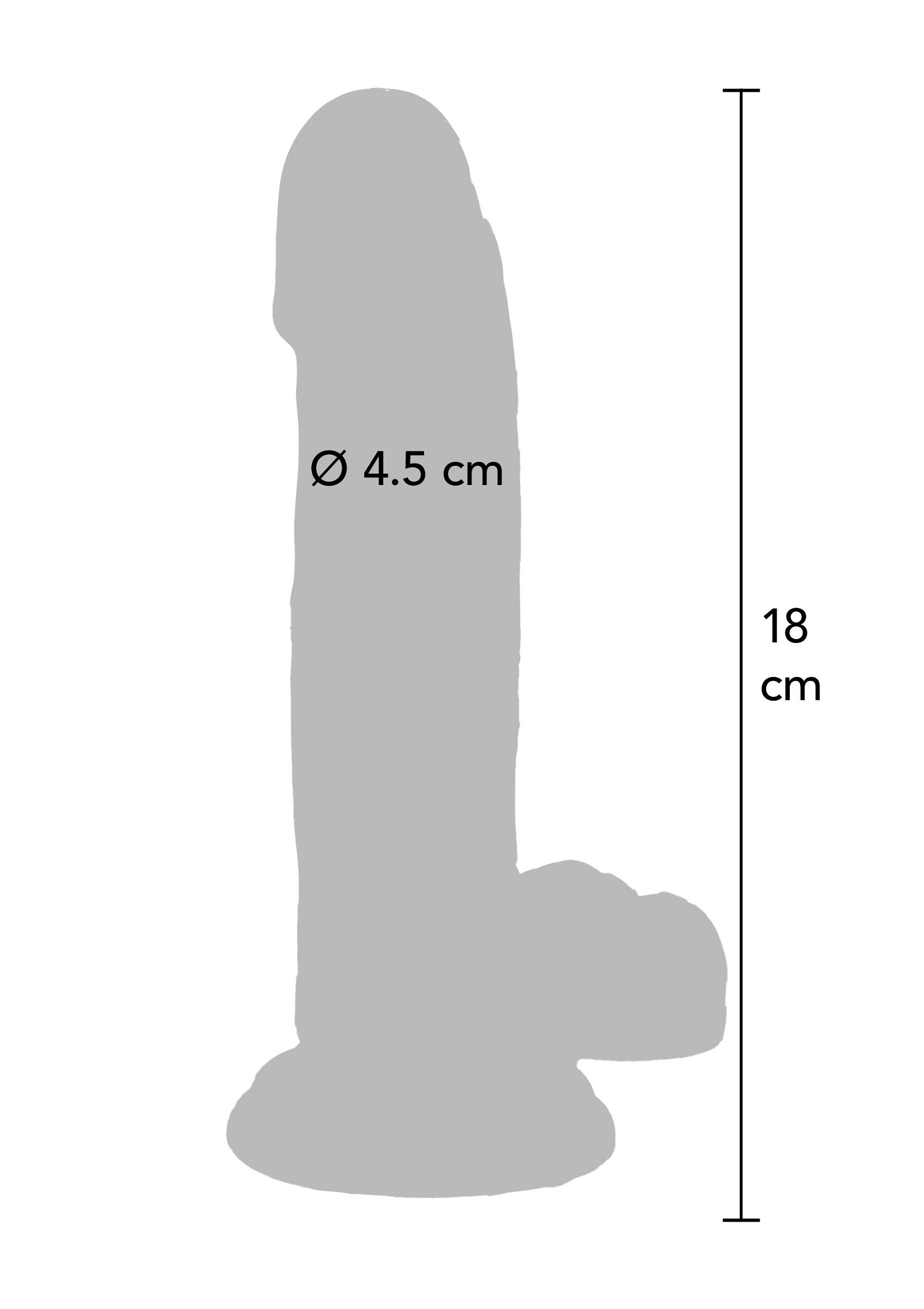 Dildo réaliste avec base à ventouse, diamètre 4,5 cm, longueur 18 cm. Pour un plaisir intense et des aventures coquines garanties !; Realistische dildo met zuignap, diameter 4,5 cm, lengte 18 cm. Voor intens genot en gegarandeerd ondeugende avonturen!; Realistic dildo with suction cup base, 4.5 cm diameter, 18 cm length. For intense pleasure and guaranteed naughty adventures!