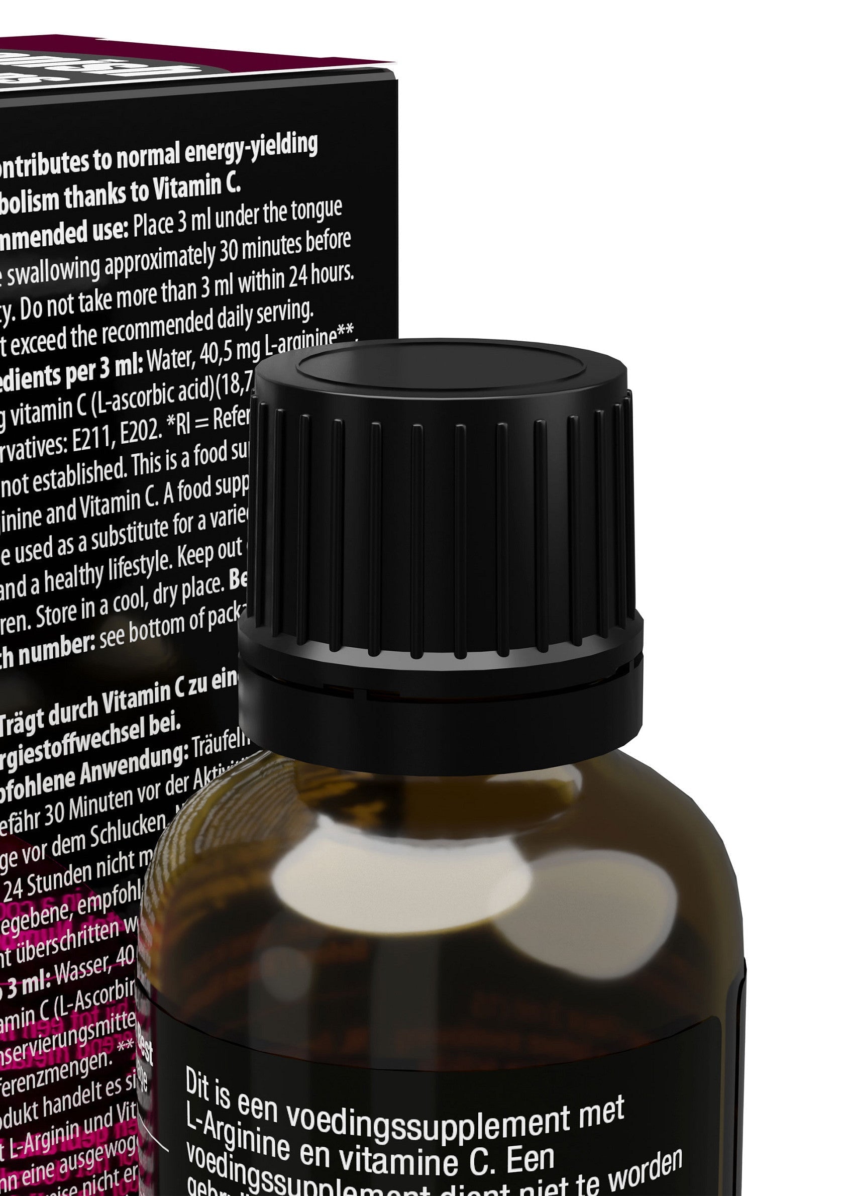 Complément alimentaire à base de L-arginine et de vitamine C. Soutien énergétique. Voir les instructions.; Voedingssupplement met L-Arginine en vitamine C voor energie. Bekijk de aanbevolen dosering.; L-Arginine & Vitamin C supplement for energy support. See instructions for recommended use.