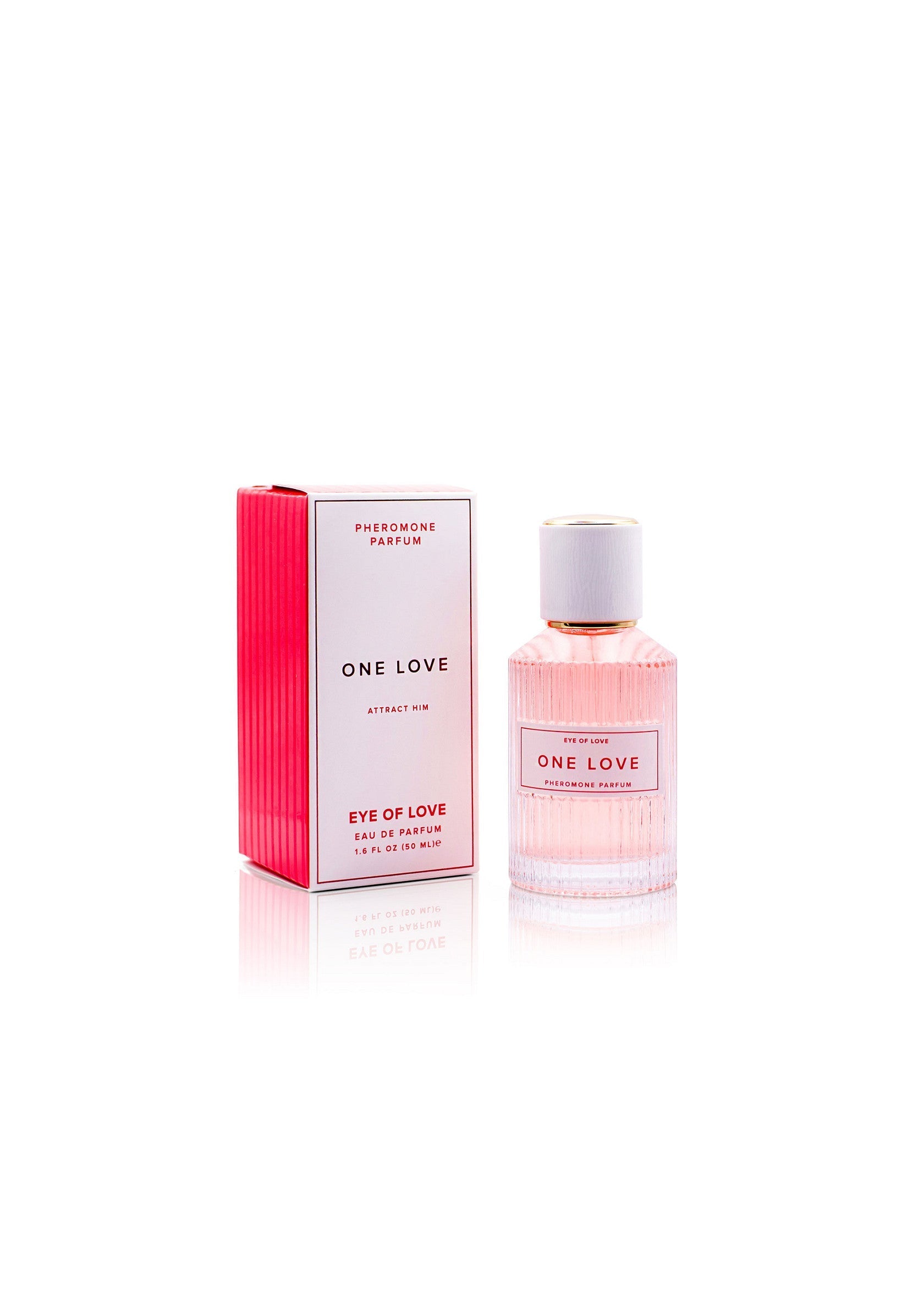 Parfum aux phéromones One Love 'Eye of Love' pour attirer l'attention. Flacon élégant et boîte assortie.; One Love 'Eye of Love' feromoonparfum voor aantrekkingskracht. Elegante flacon en bijpassende doos.; One Love 'Eye of Love' pheromone perfume for attraction. Elegant bottle and matching box.