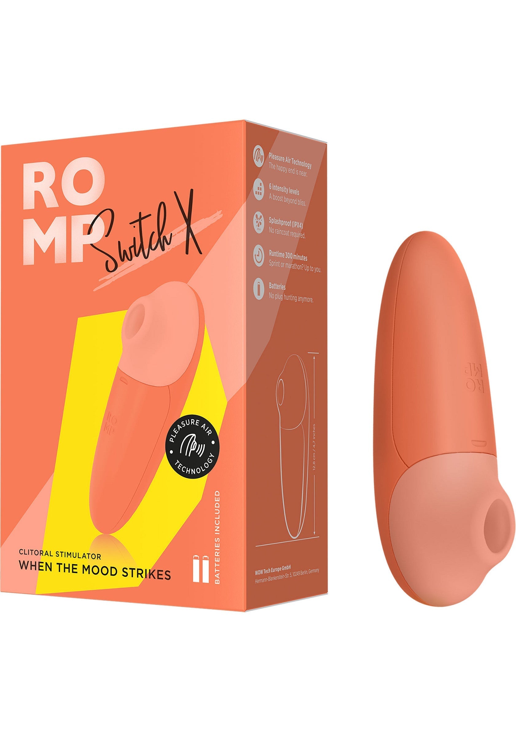 ROMP Switch X stimulateur clitoridien avec technologie Pleasure Air. Compact et rechargeable pour une expérience intense.; ROMP Switch X clitorisstimulator met Pleasure Air Technology. Compact en oplaadbaar voor een intense ervaring.; ROMP Switch X clitoral stimulator featuring Pleasure Air Technology. Compact and rechargeable for an intense experience.
