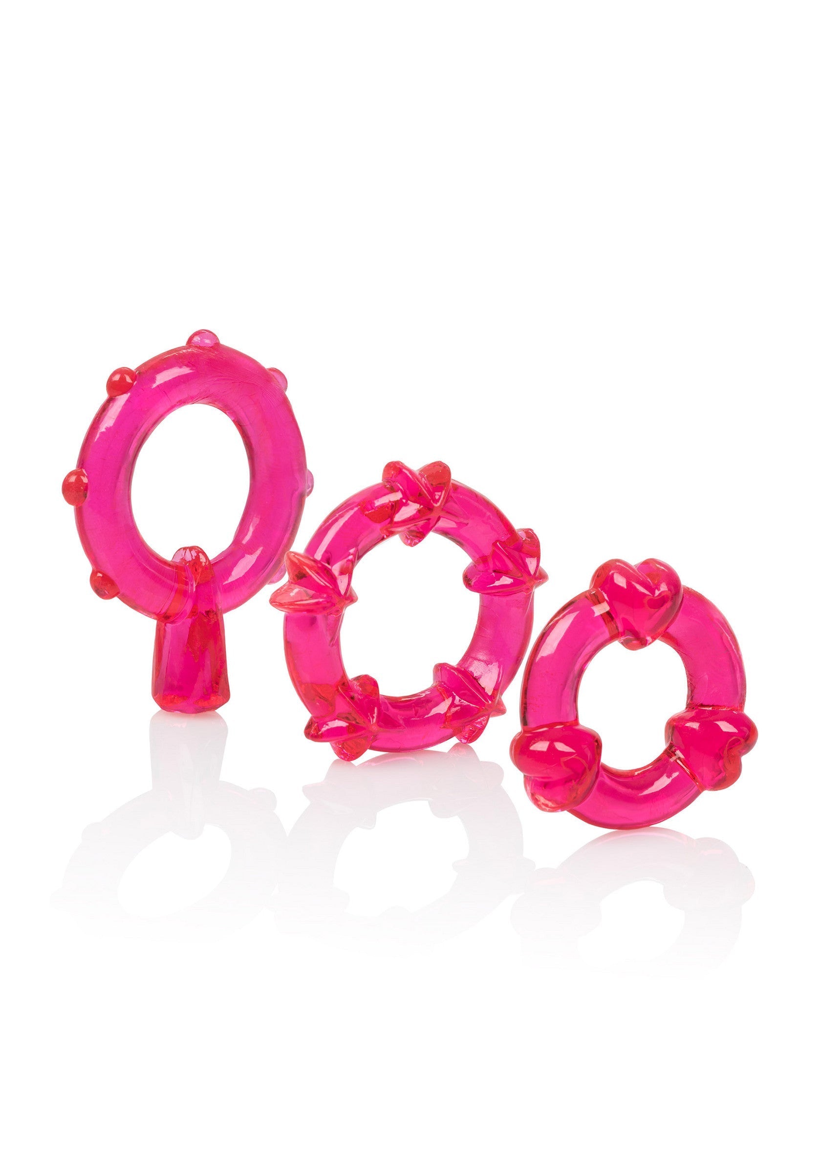 Anneaux péniens roses décorés, pour une expérience intense et excitante. Améliorez le plaisir et la performance.; Roze penisringen met versiering voor een intense en opwindende ervaring. Verbeter plezier en prestaties.; Pink decorated cock rings for an intense, arousing experience. Enhance pleasure and performance.