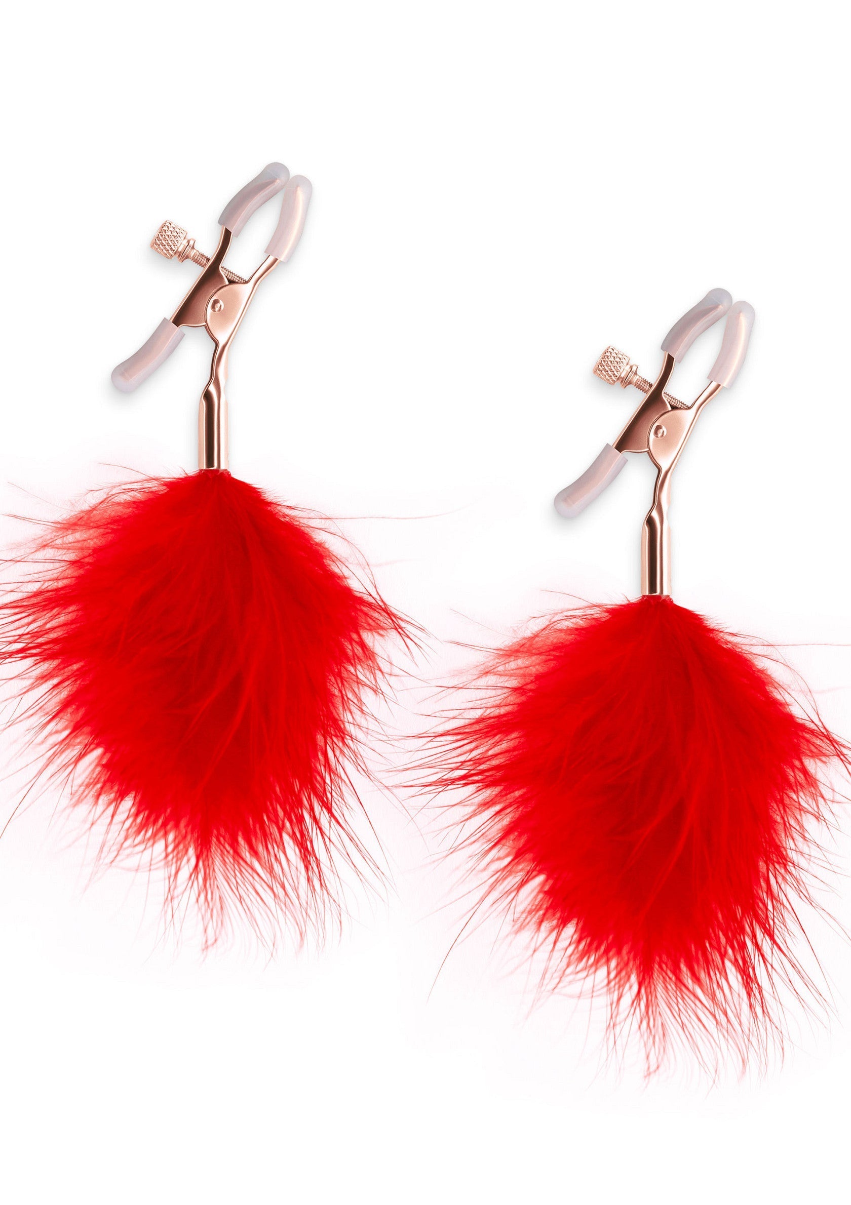 Pinces à tétons ornées de plumes rouges vives. Accessoires coquins pour pimenter votre vie amoureuse.; Tepelklemmen versierd met heldere rode veren. Speelse accessoires om uw liefdesleven op te fleuren.; Nipple clamps adorned with bright red feathers. Playful accessories to spice up your love life.