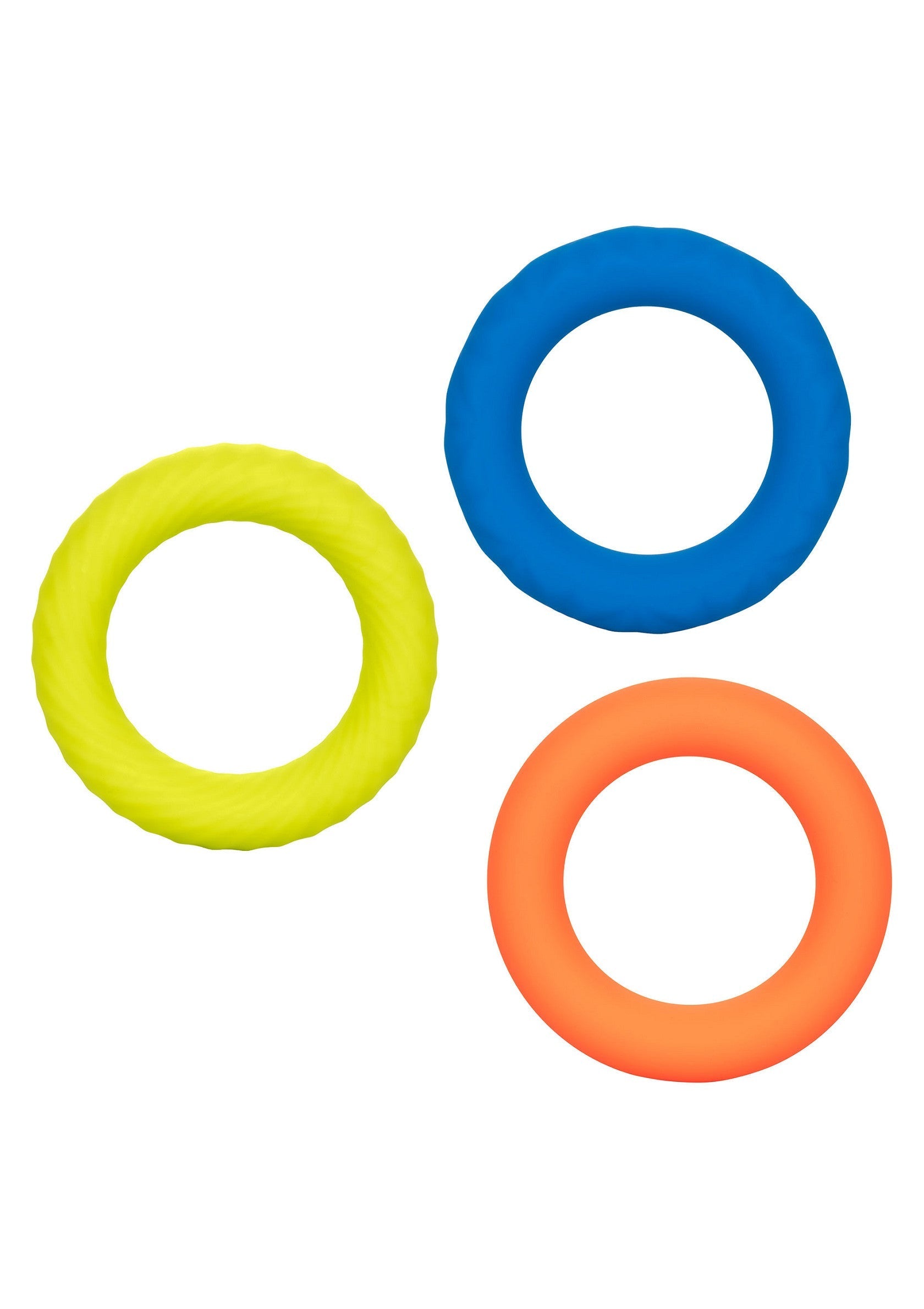 Anneaux sensoriels colorés (jaune, bleu, orange) pour bébé et enfant. Jouet de dentition et de préhension.; Kleurrijke sensorische ringen (geel, blauw, oranje) voor baby's en kinderen. Bijtspeeltje en grijpspeelgoed.; Colorful sensory rings (yellow, blue, orange) for baby and child. Teething and grasping toy.