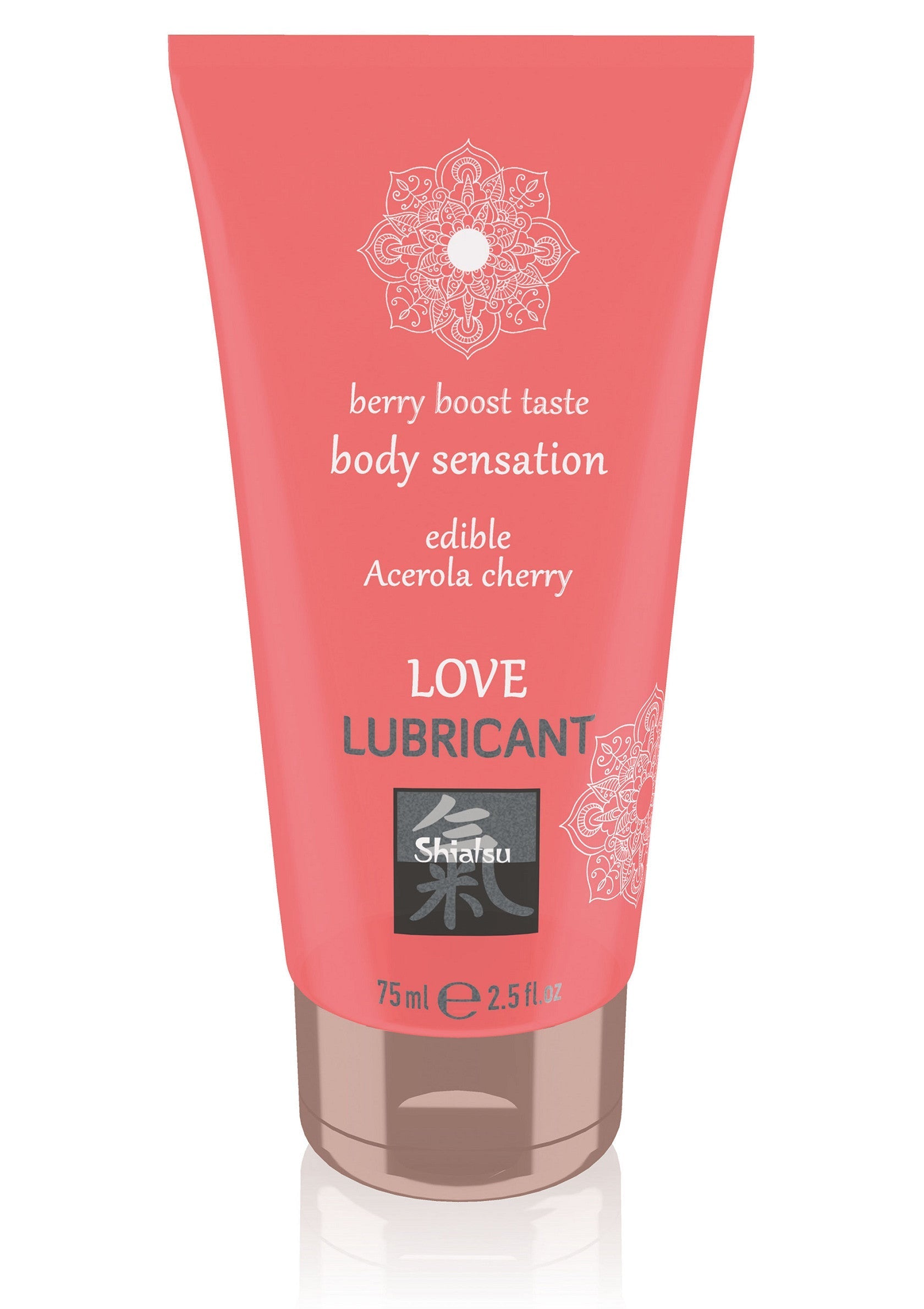Lubrifiant comestible à la cerise et à l'acérola Shiatsu Love. Goût de fruits rouges pour une sensation corporelle intense.; Shiatsu Love eetbaar glijmiddel met kers en acerola smaak. Bessenboost smaak voor een intense lichaamssensatie.; Shiatsu Love edible lubricant with cherry and acerola flavor. Berry boost taste for intense body sensation.