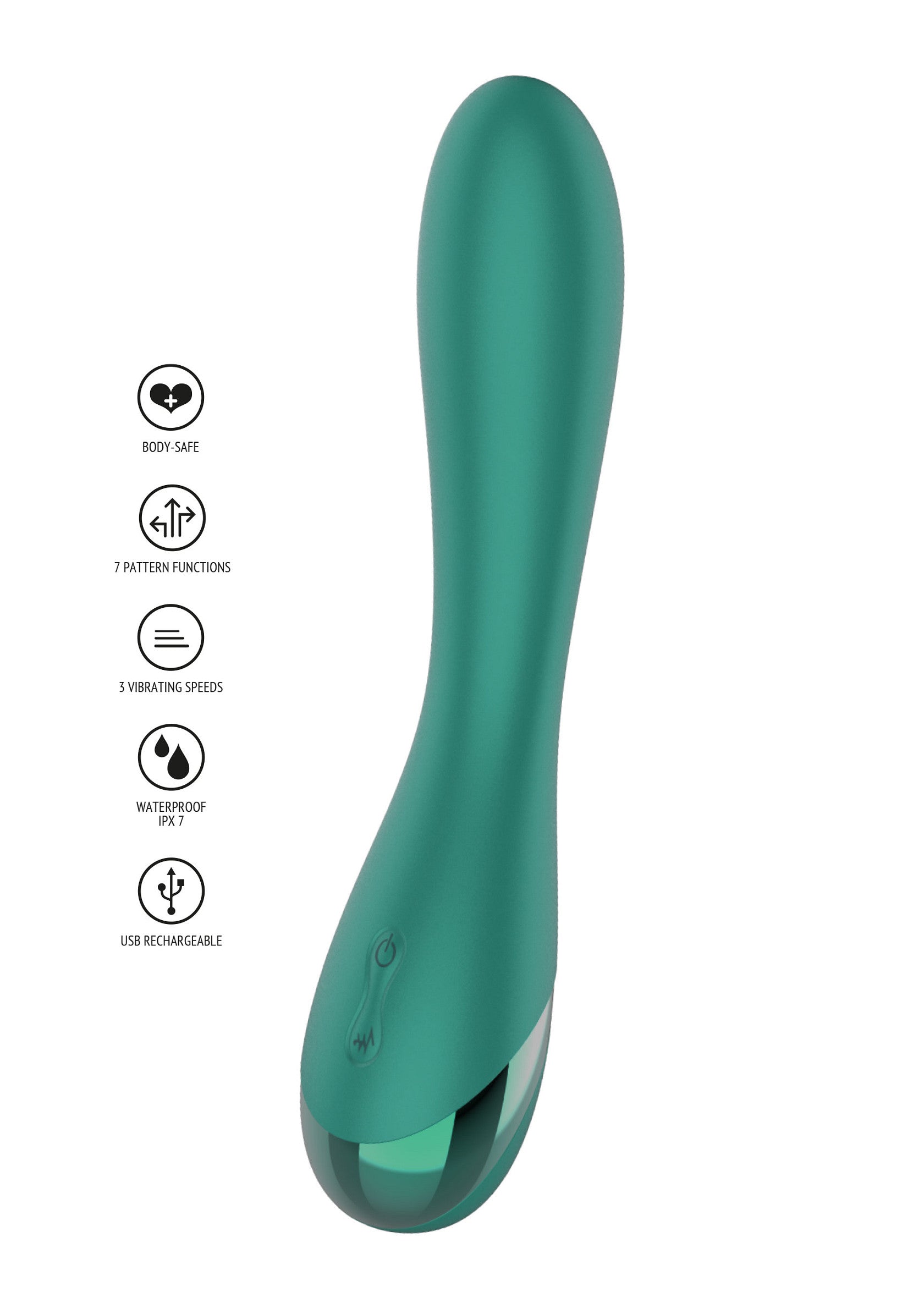 Vibromasseur turquoise, étanche, rechargeable par USB avec 7 modes de vibration.; Turkooie vibrator, waterdicht, USB-oplaadbaar met 7 vibratiestanden.; Teal vibrator, waterproof, USB rechargeable with 7 vibration patterns.