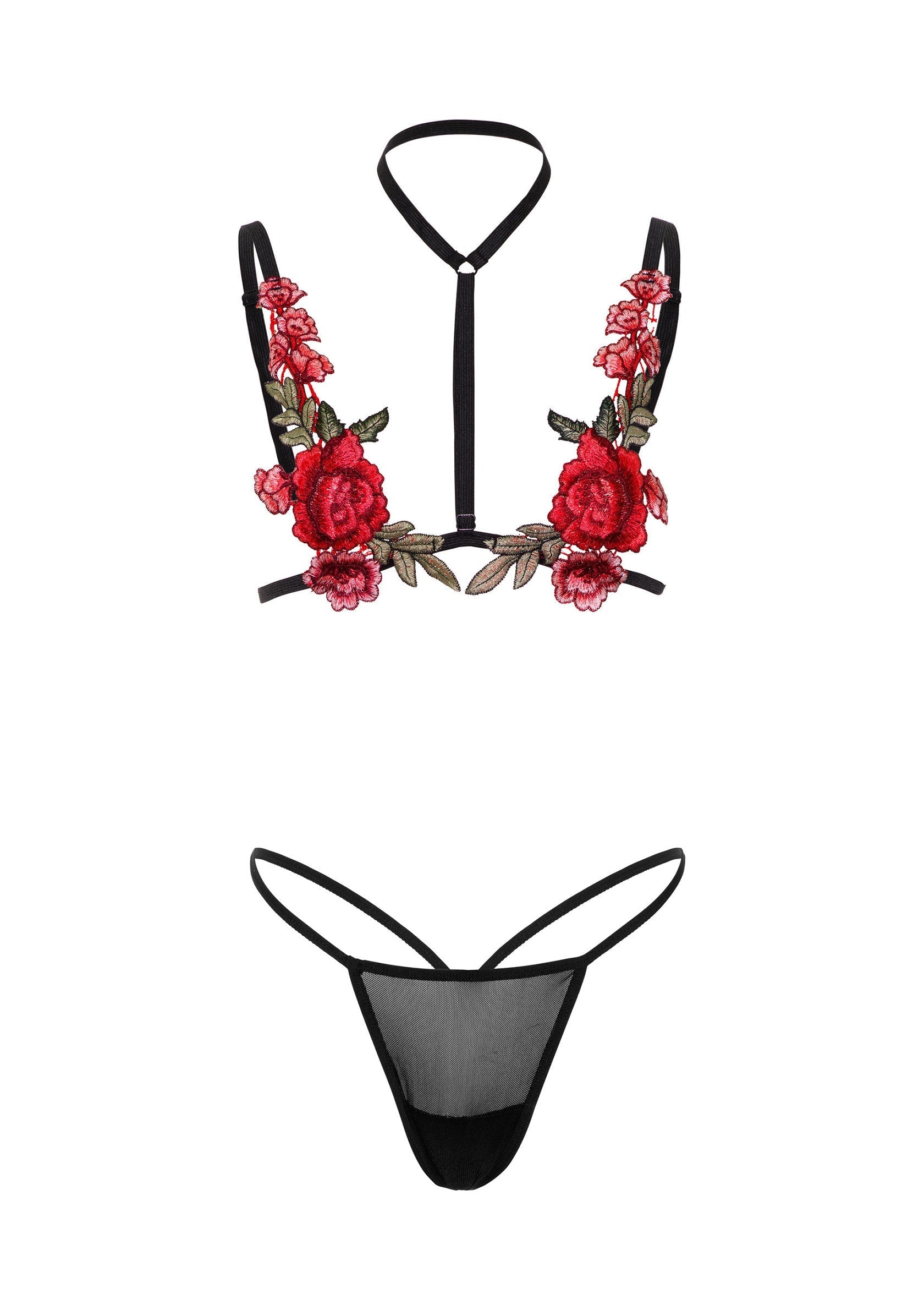 Ensemble de lingerie noir avec broderie de roses rouges. Ensemble séduisant et élégant pour une touche de romantisme.; Zwarte lingerie set met rode rozen borduursel. Verleidelijke en elegante set voor een vleugje romantiek.; Black lingerie set with red roses embroidery. Seductive and elegant set for a touch of romance.