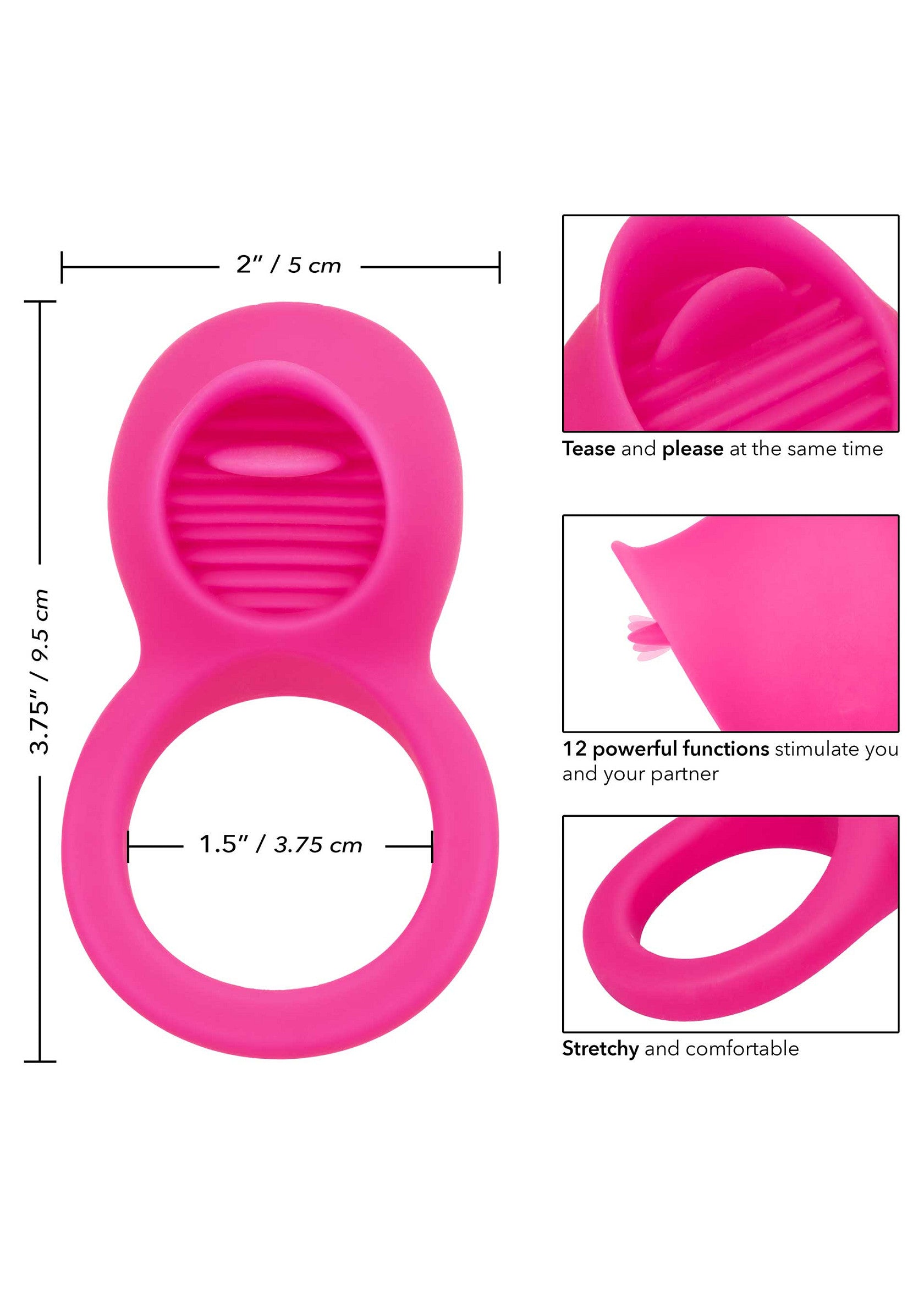 Anneau pénien rose vibrant pour plus de plaisir. Stimulez votre partenaire avec cet anneau confortable et extensible.; Vibrerende roze penisring voor meer plezier. Stimuleer je partner met deze comfortabele en rekbare ring.; Vibrating pink cock ring for extra pleasure. Stimulate your partner with this comfy and stretchy ring.