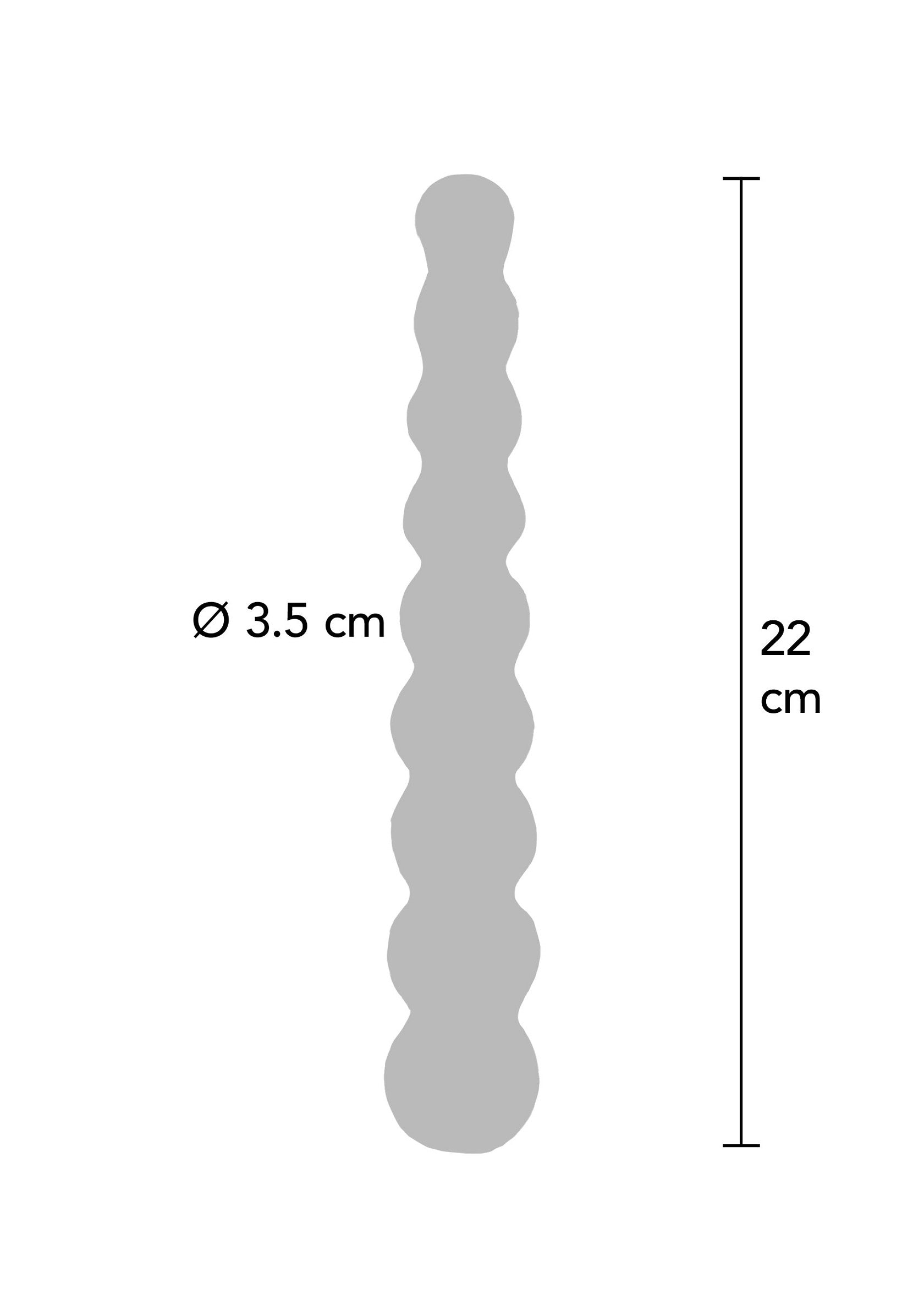 Schéma d'un godemiché texturé avec des dimensions : diamètre 3,5 cm, longueur 22 cm.; Schema van een getextureerde dildo met afmetingen: diameter 3,5 cm, lengte 22 cm.; Diagram of a textured dildo with dimensions: diameter 3.5 cm, length 22 cm.