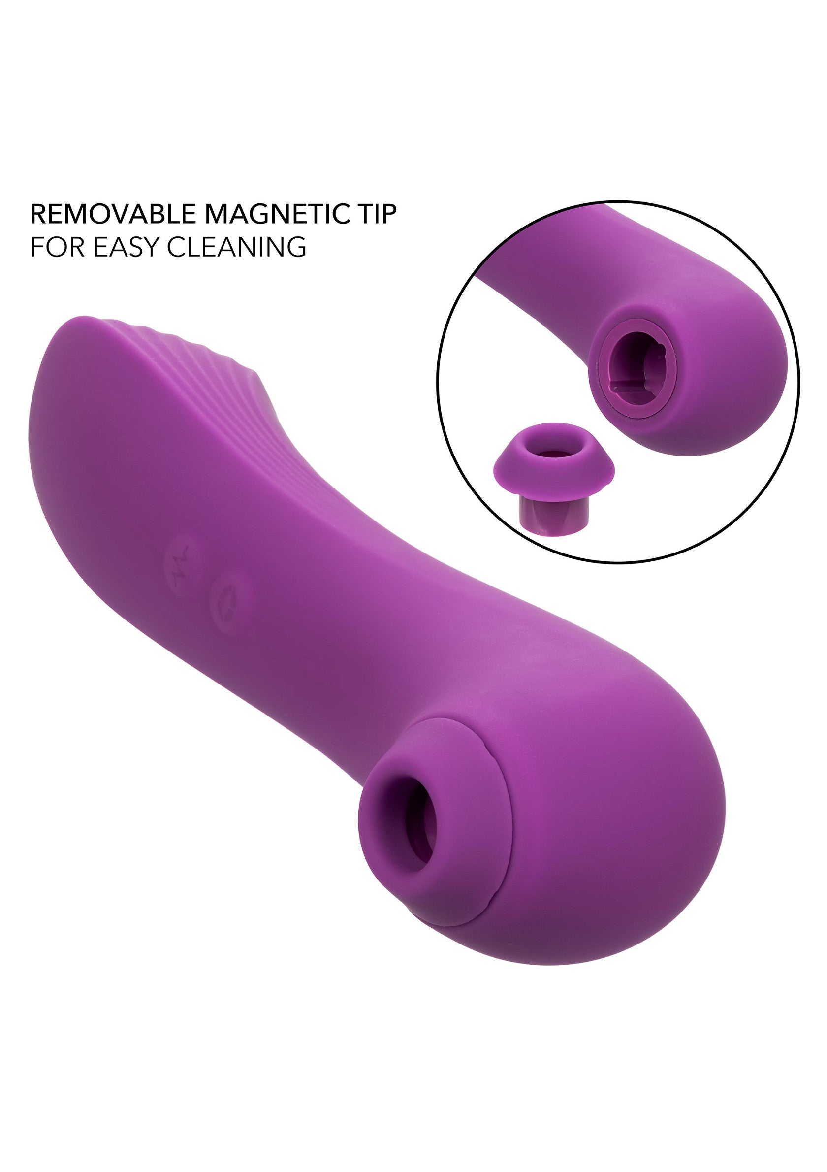 Stimulateur clitoridien violet avec embout magnétique amovible pour un nettoyage facile.; Paarse clitorisstimulator met afneembare magnetische tip voor eenvoudige reiniging.; Purple clitoral stimulator with removable magnetic tip for easy cleaning.
