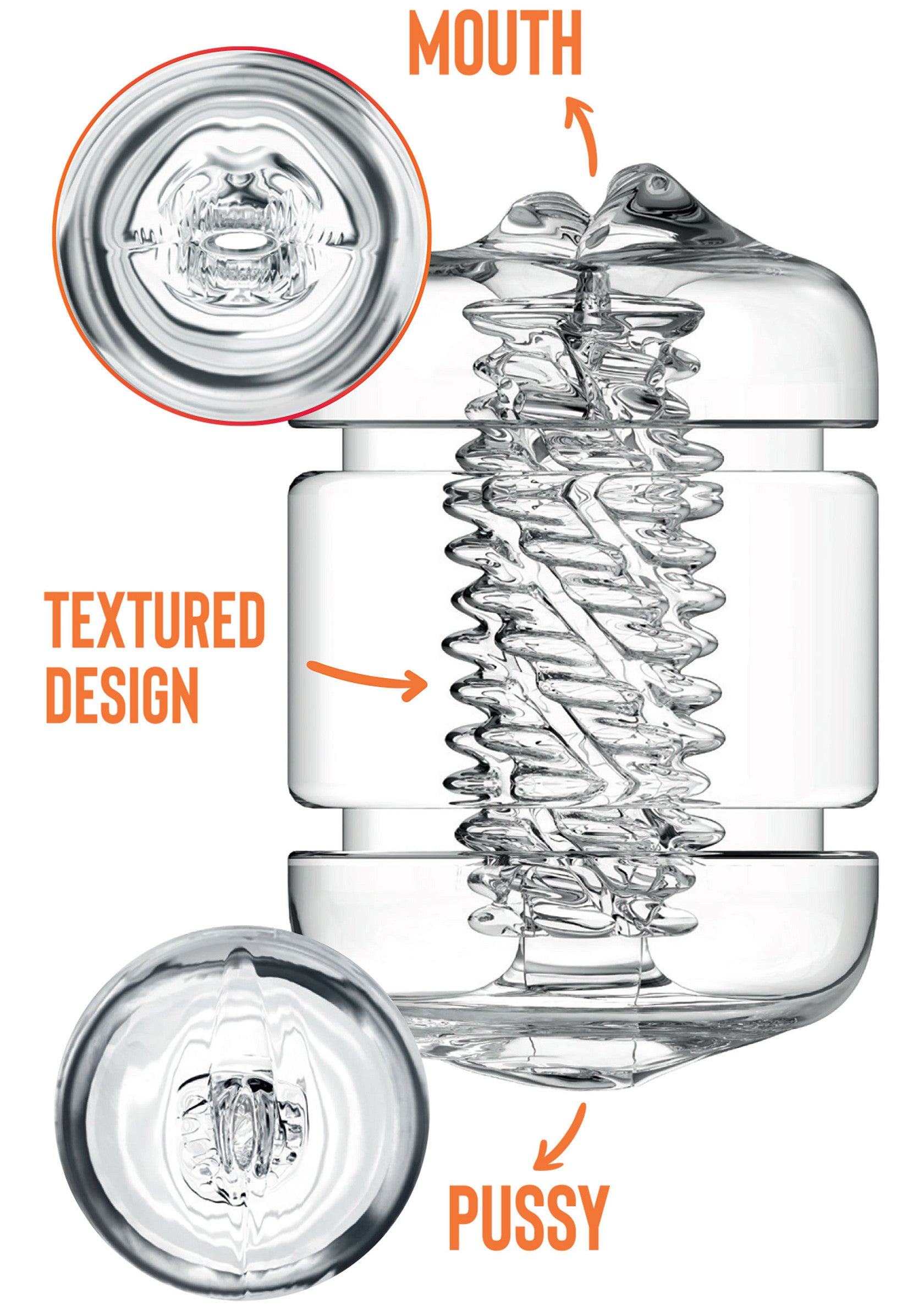 Manchon de plaisir texturé avec double orifice. Stimulation intense garantie pour une expérience unique et personnalisée.; Getextureerde pleasure sleeve met dubbele opening. Intense stimulatie gegarandeerd voor een unieke en persoonlijke ervaring.; Textured pleasure sleeve with dual entry. Intense stimulation guaranteed for a unique and personalized experience.