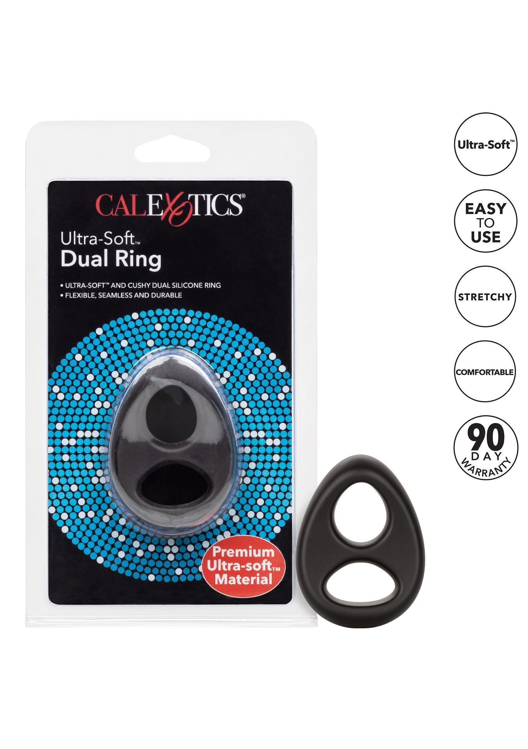 Anneau pénien CalExotics Ultra-Soft Dual Ring pour plus de plaisir et d'endurance. Silicone doux, extensible et confortable.; CalExotics Ultra-Soft Dual Ring penisring voor meer plezier en uithoudingsvermogen. Zacht siliconen, rekbaar en comfortabel.; CalExotics Ultra-Soft Dual Ring cock ring for enhanced pleasure & endurance. Soft silicone, stretchy & comfortable.