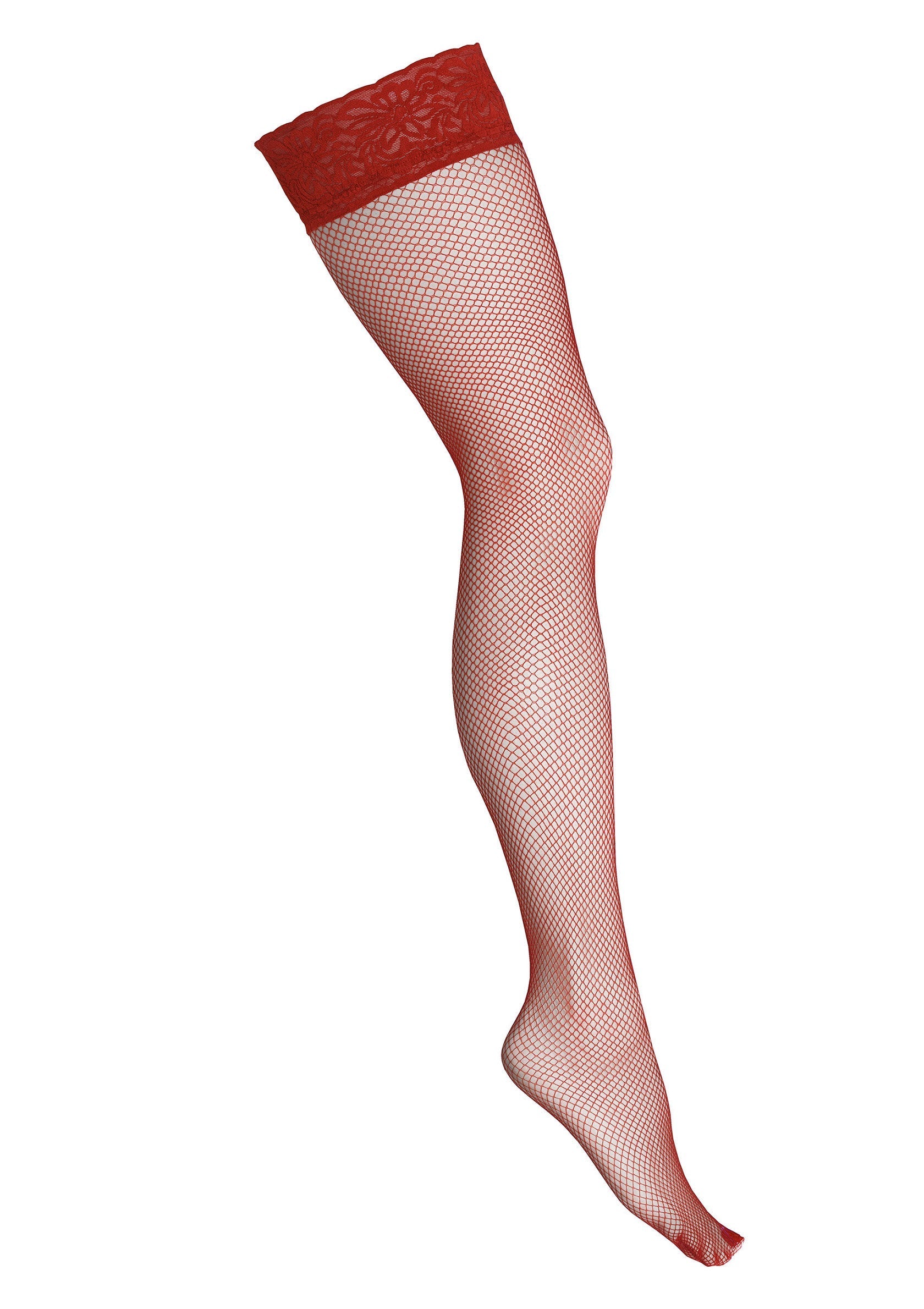 Bas résille rouge avec dentelle, parfait pour un look audacieux et élégant. Découvrez notre collection !; Rode visnetkous met kant, perfect voor een gewaagde en elegante look. Bekijk onze collectie!; Red fishnet stocking with lace top, perfect for a bold and elegant look. Shop our collection now!
