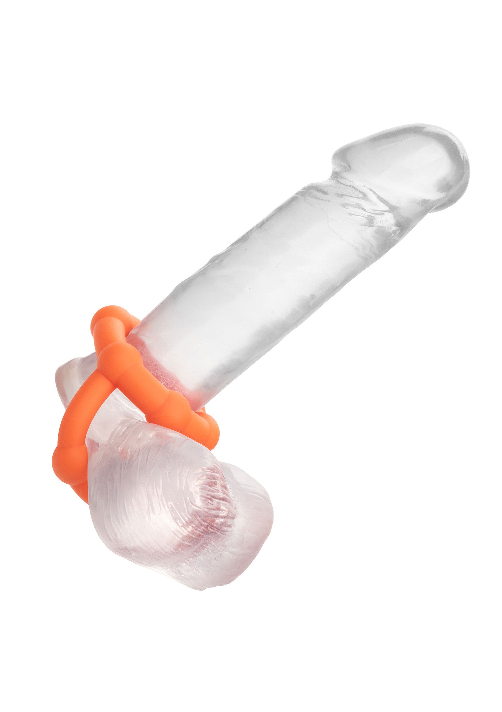 Jouet sexuel réaliste avec anneau vibrant orange pour plus de plaisir.; Realistisch seksspeeltje met oranje vibrerende ring voor extra genot.; Realistic sex toy with orange vibrating ring for added pleasure.