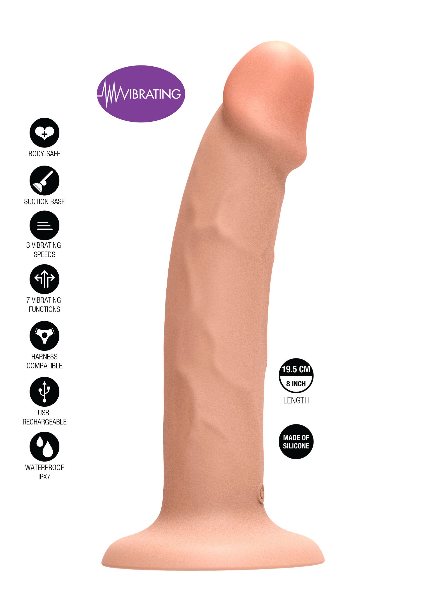 Godemiché vibrant en silicone, 19,5 cm, base à ventouse et rechargeable par USB. Compatible avec harnais.; Vibrerende siliconen dildo, 19,5 cm, met zuignap en USB-oplaadbaar. Geschikt voor harnas.; Vibrating silicone dildo, 19.5 cm, with suction base and USB rechargeable. Harness compatible.