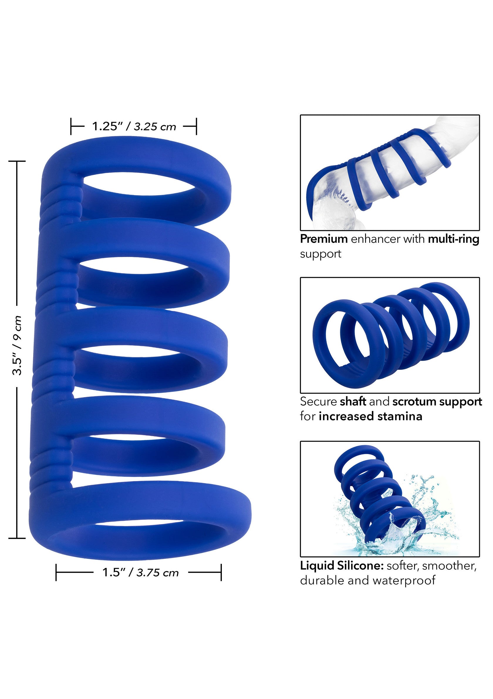 Améliorez votre endurance avec cet anneau pénien multi-anneaux en silicone liquide, doux, durable et imperméable.; Verbeter je uithoudingsvermogen met deze multi-ring penisring van vloeibare siliconen, zacht, duurzaam en waterdicht.; Enhance stamina with this multi-ring cock ring made of liquid silicone, softer, durable, and waterproof.