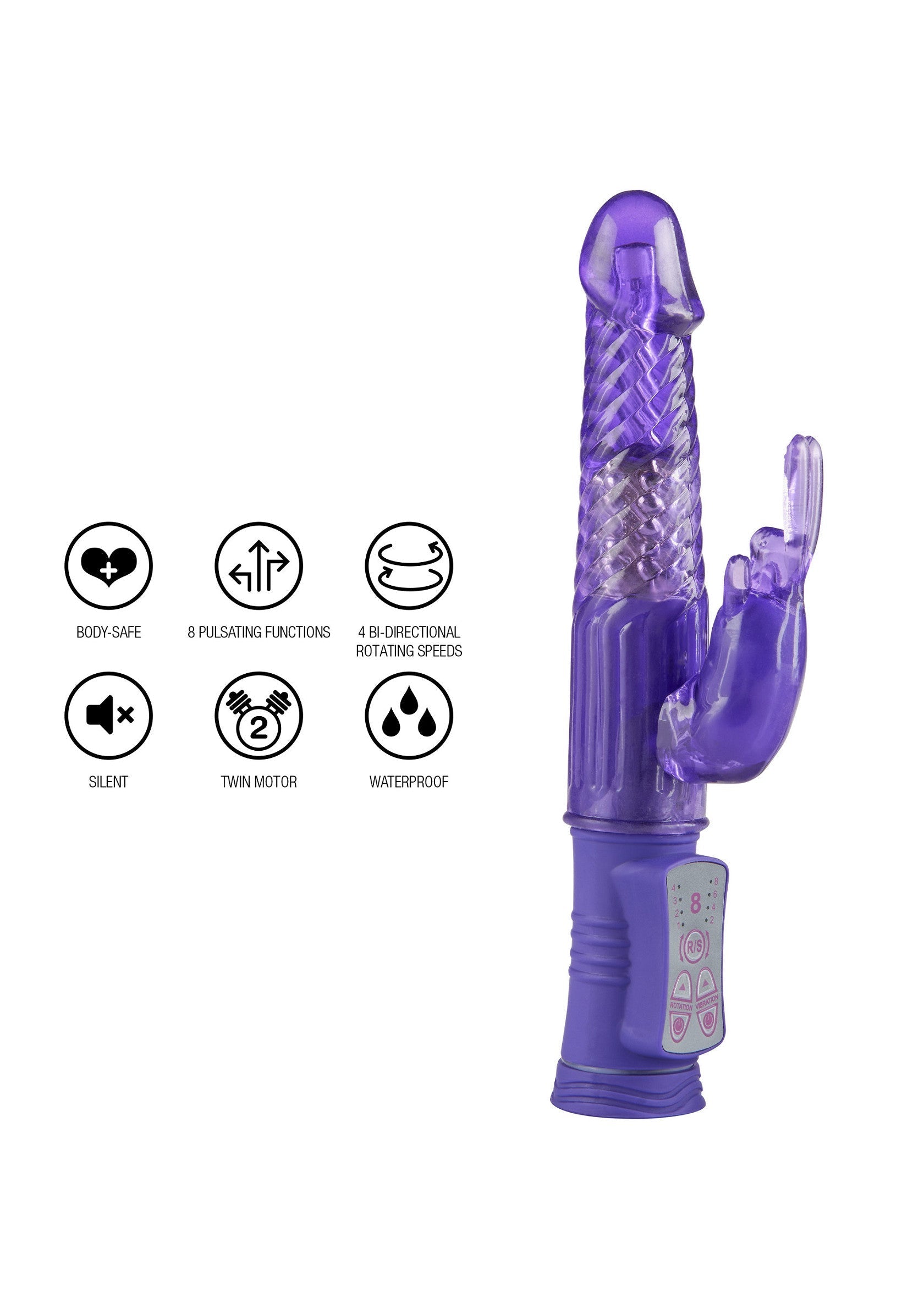 Vibromasseur violet avec fonction de vibration et de rotation pour le plaisir personnel.; Paarse vibrator met vibratie- en rotatiefunctie voor persoonlijk genot.; Purple vibrator with vibration and rotation function for personal pleasure.