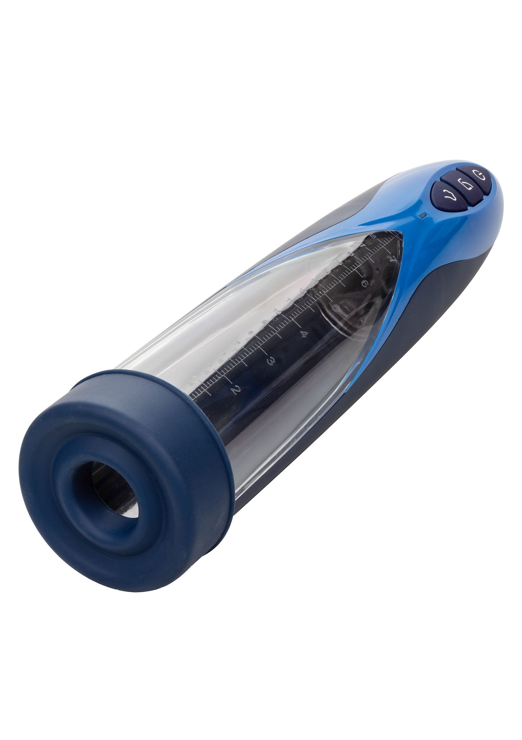 Pompe à pénis bleue avec écran de mesure et commandes. Pour une augmentation temporaire de la taille. Intimité garantie.; Blauwe penis pomp met meetscherm en bediening. Voor tijdelijke vergroting. Gegarandeerde privacy.; Blue penis pump with measurement display and controls. For temporary size enhancement. Guaranteed privacy.